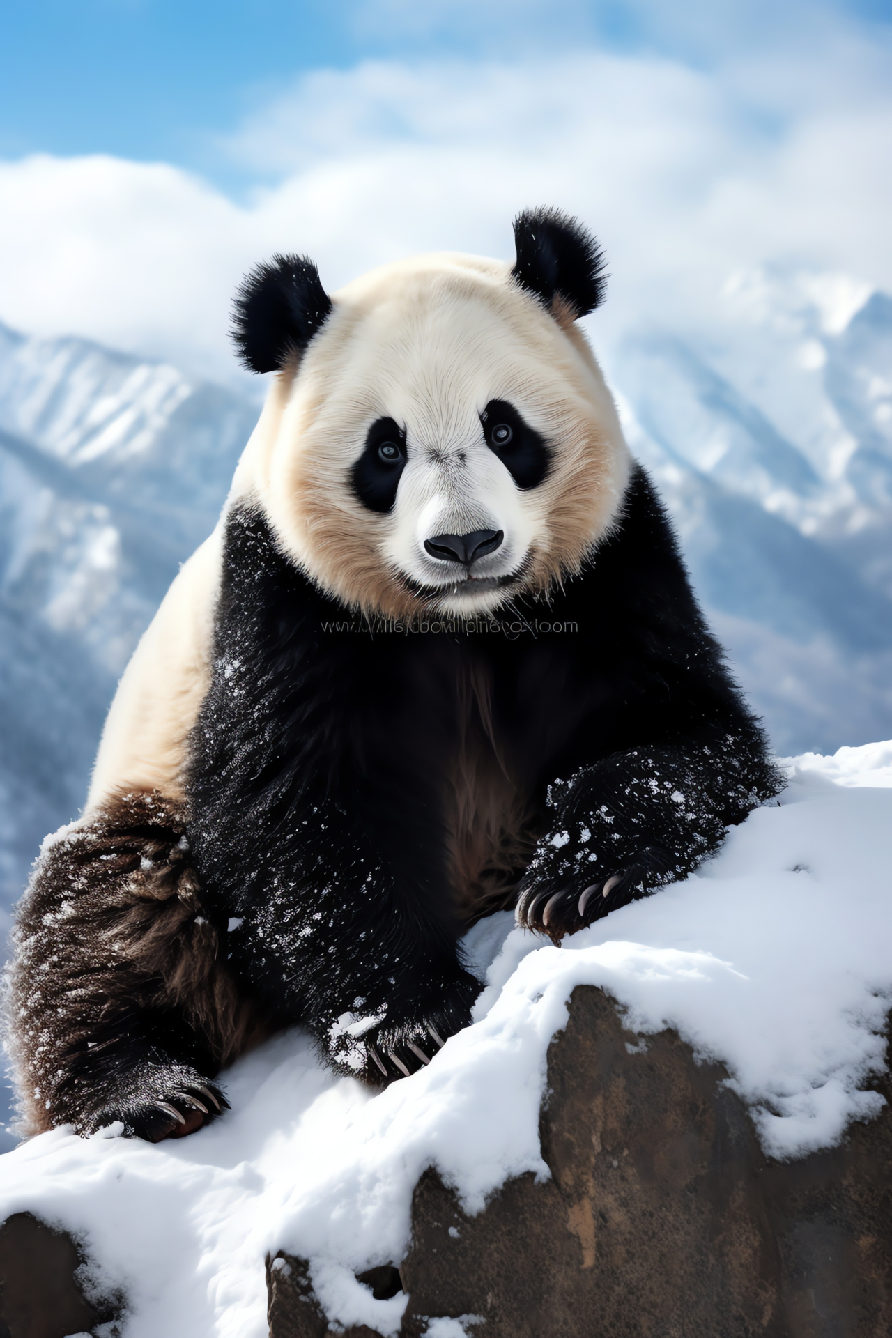 Adult panda bear, Tawny optic, Bicolor plumage, Wintery alpine setting, Granite rest area, HD Phone Wallpaper