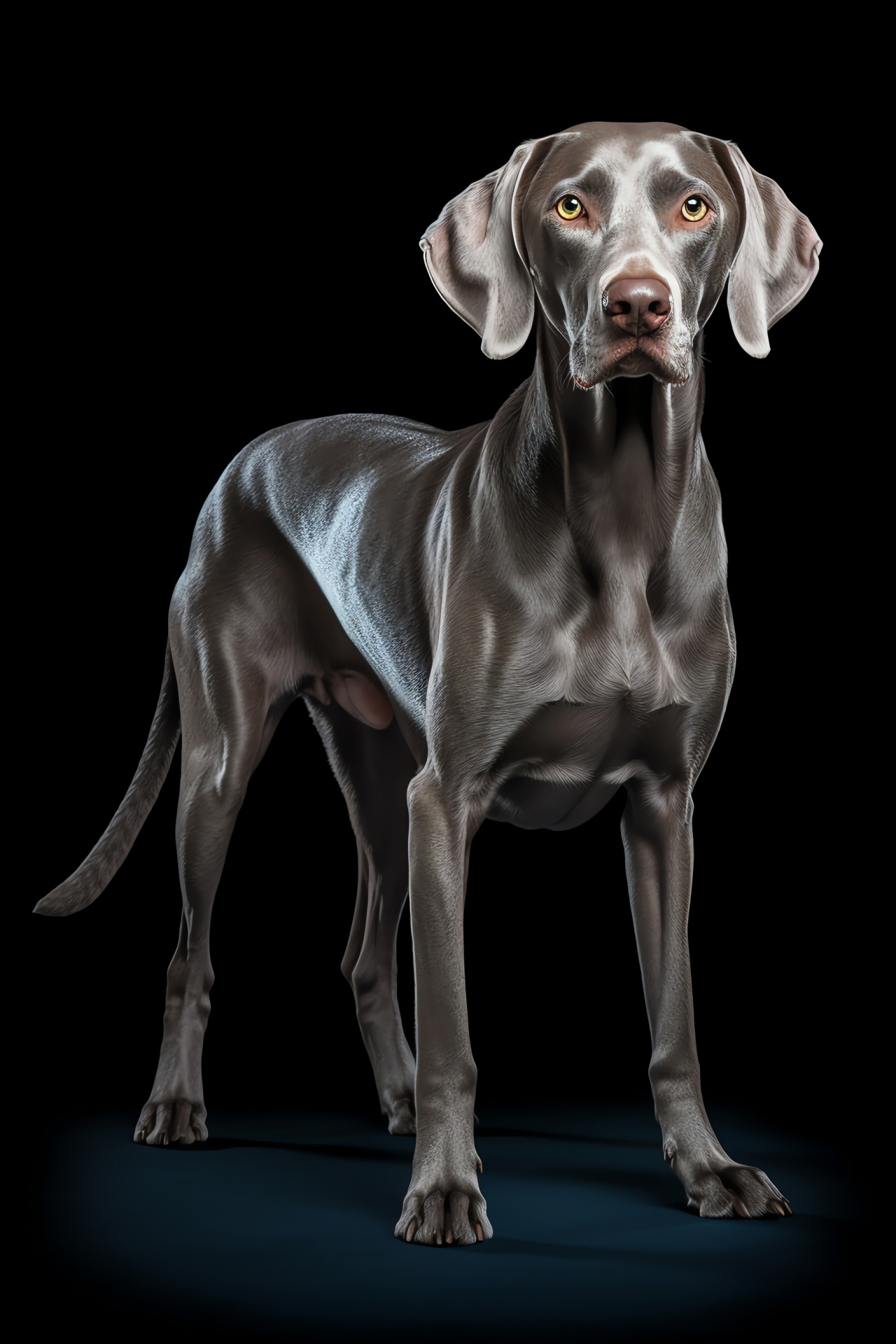 Weimaraner poise, Noble hunting breed, Piercing blue eyes, Full stature view, Stark black contrast, HD Phone Image