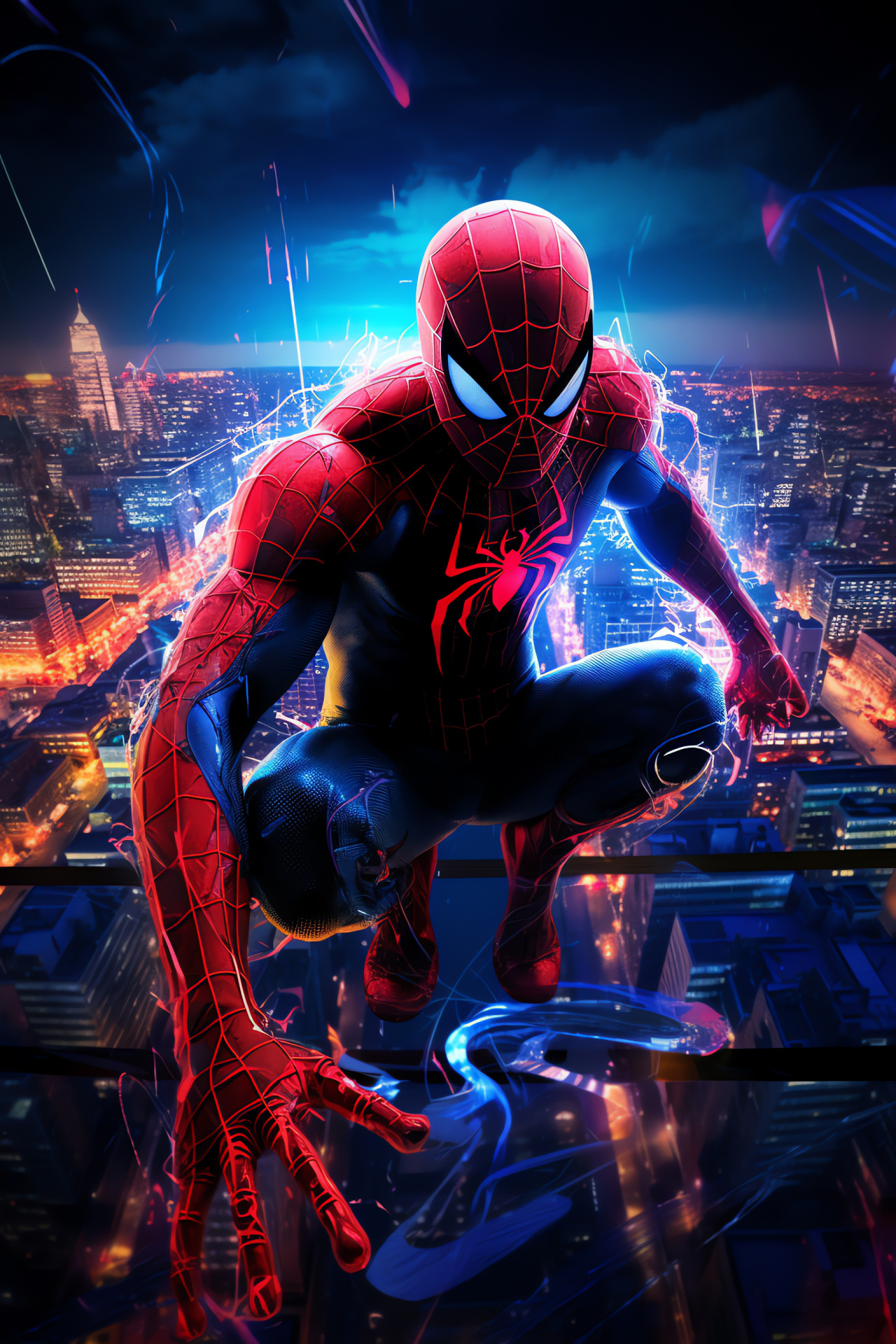 Action-packed Spider-Man, soaring hero, urban skyline, iconic attire, adventure thrill, HD Phone Wallpaper