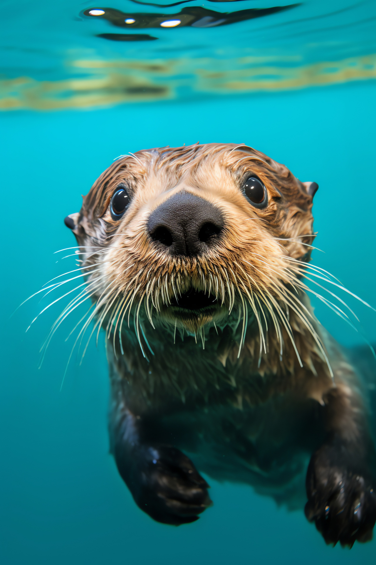 Jovial Sea Otter, Water surface play, Fluffy brown marine fur, Otter big eye charisma, Ornate aquatic stage, HD Phone Wallpaper