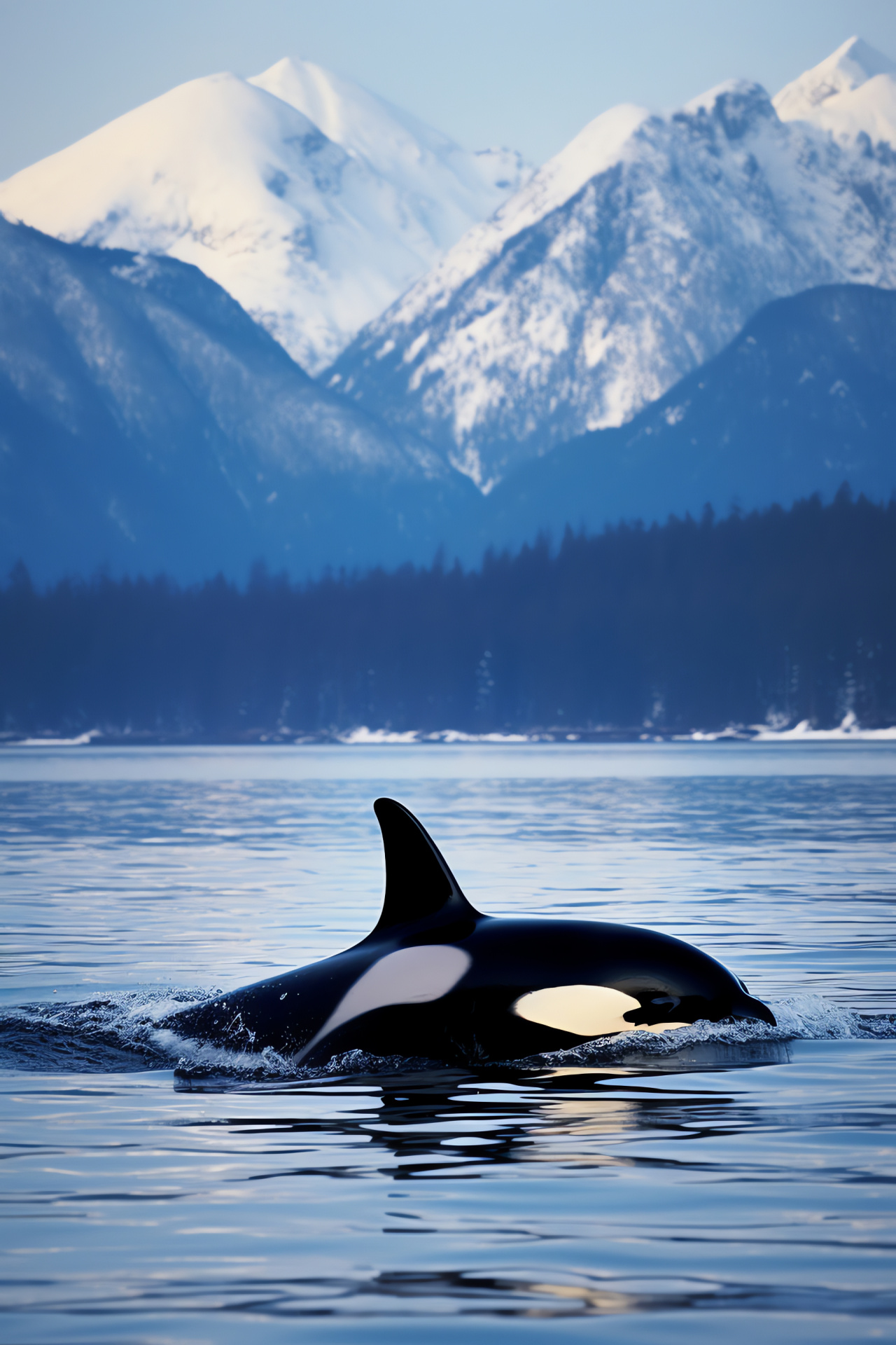 Killer whale in Arctic, Marine inhabitant, Monochrome oceanic mammal, Frozen peaks surrounding, Ocean dwellers, HD Phone Image