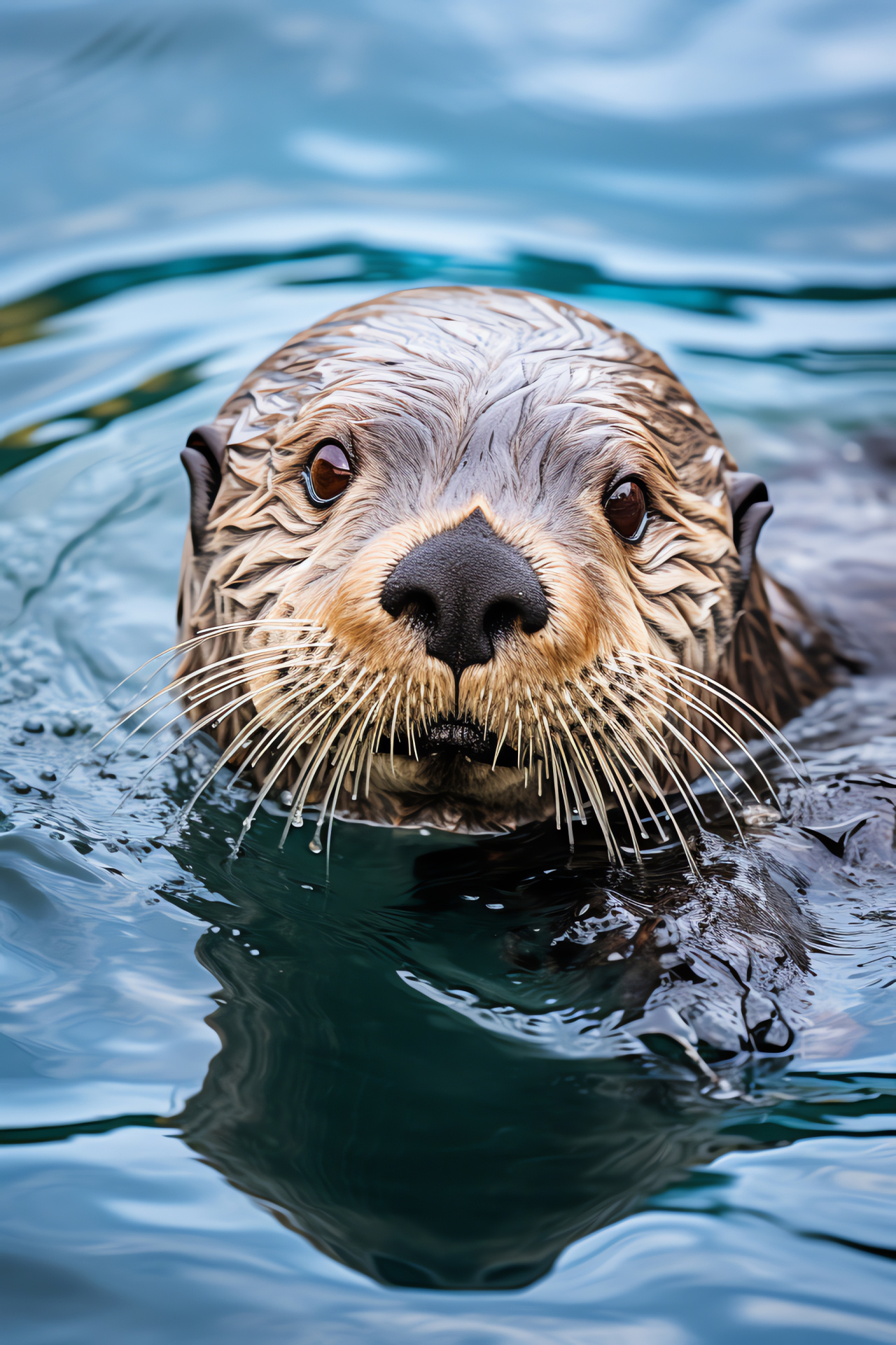 Alaskan sea otter, Pristine fjord habitat, Dual-toned fur, Chilly mountainous overlook, Brilliant blue glacial eyes, HD Phone Wallpaper