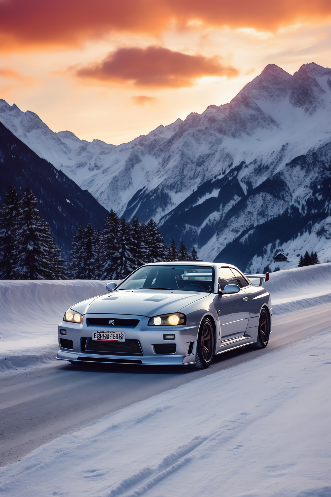 Nissan Skyline GTR R33 Swiss tour, Mountainous landscape, Advanced driving technology, Snowy peaks, Automotive power, HD Phone Wallpaper