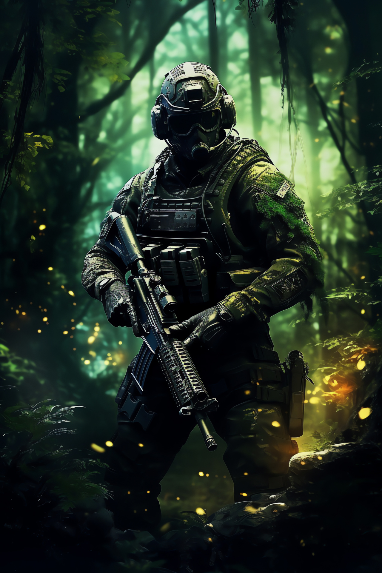 MW2 Ghost Operative, Forest battleground, Submachine gun, Woodland camo, Intense gameplay, HD Phone Image