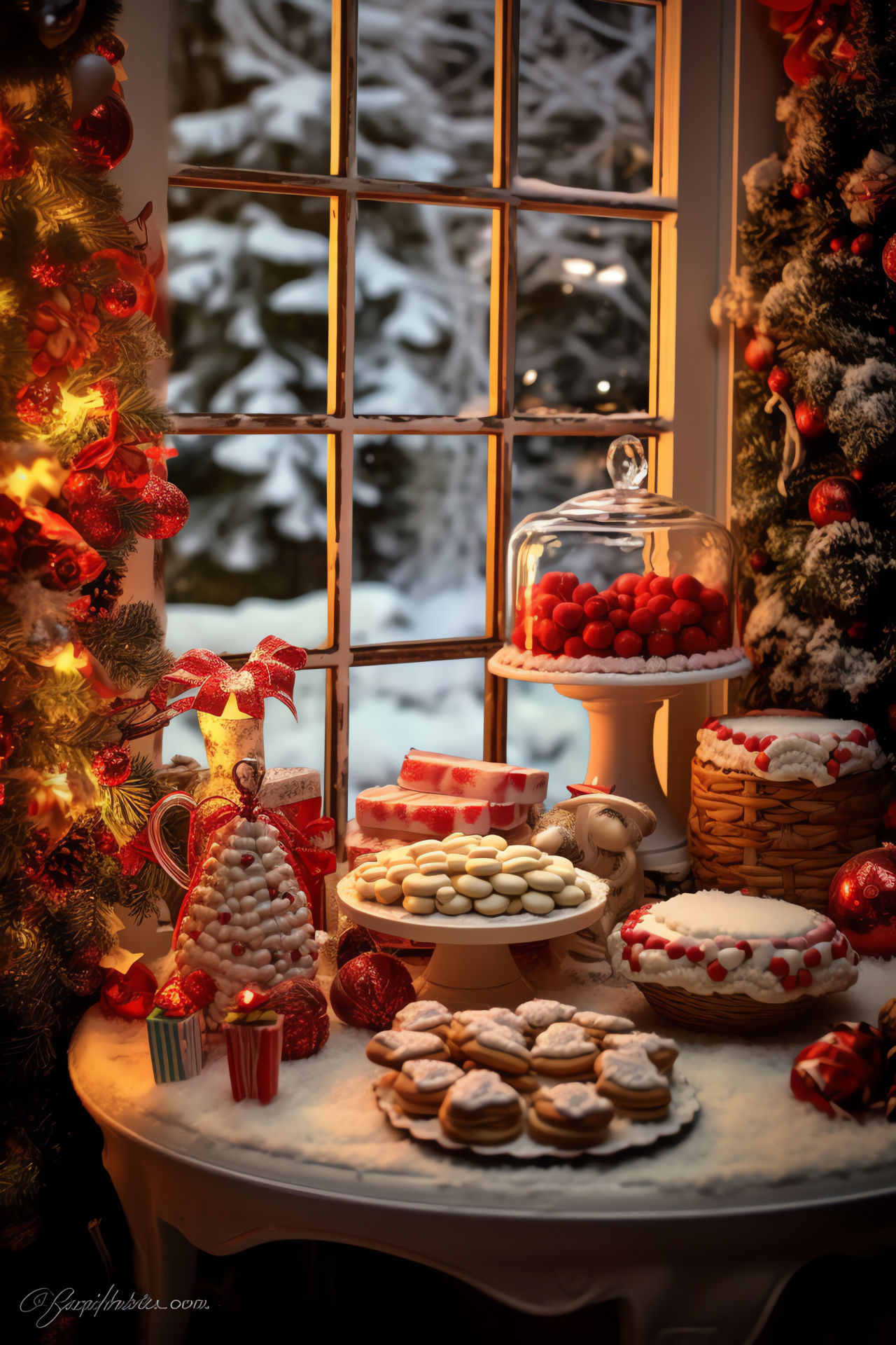 Seasonal celebration, Charming cabin, Festive banquet, Decorative garlands, Sweet delicacies, HD Phone Image