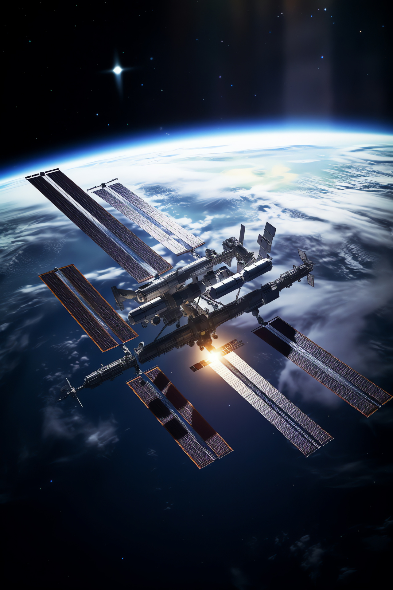 International Space Station orbit, man-made satellite, Earth orbit views, solar energy panels, modular structure, HD Phone Image