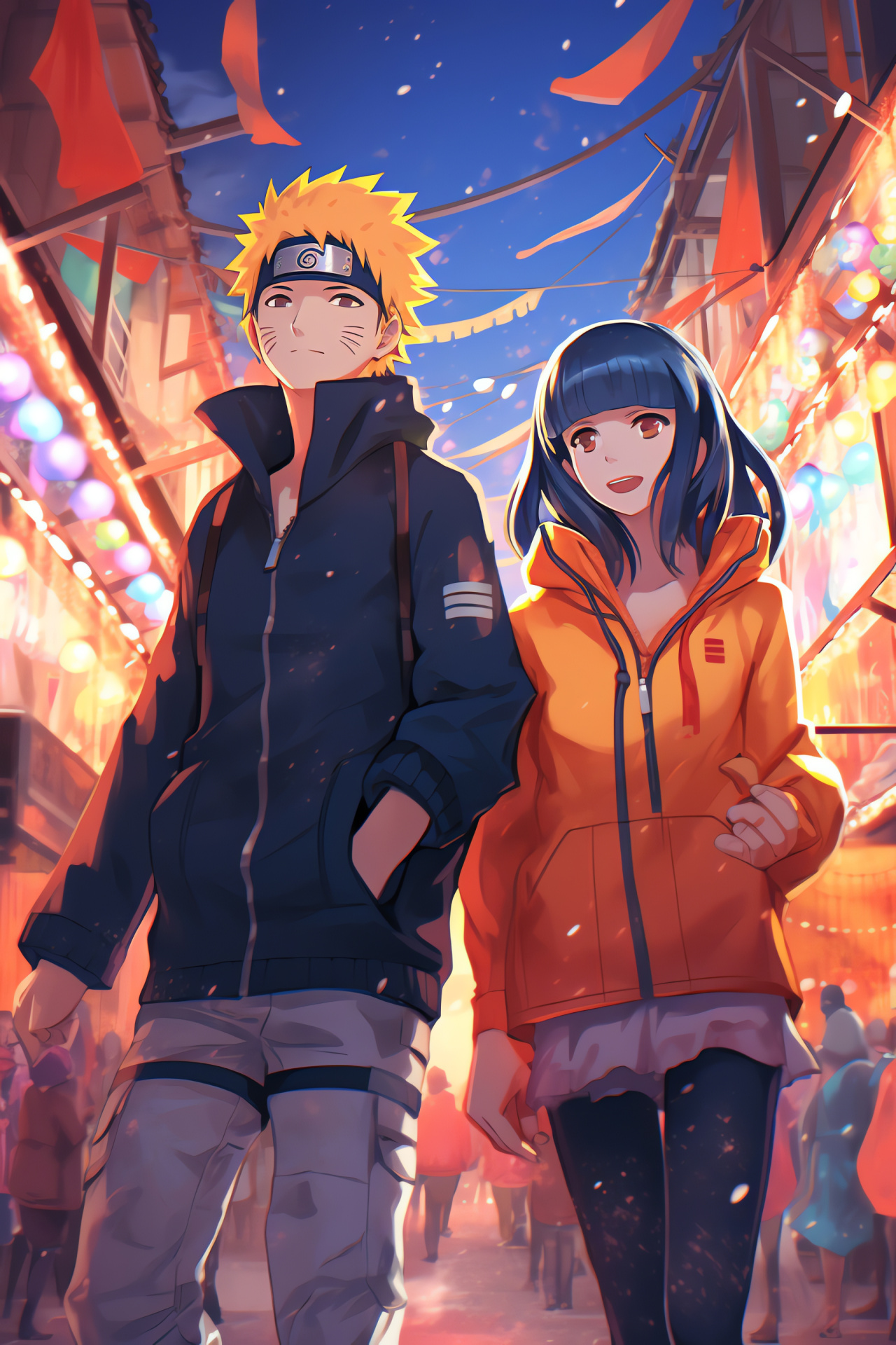 Naruto Uzumaki, Hinata Hyuga, affectionate interaction, bustling Ninja village, Shinobi alliance territory, HD Phone Image