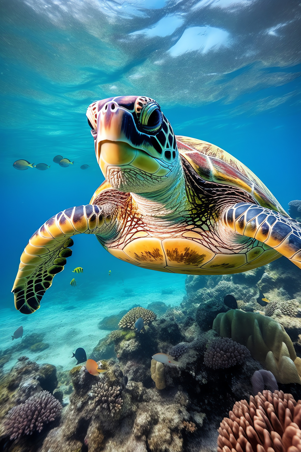 Sea Turtle, Coral marine habitat, Pacific marine life, Tropical environment, Natural shades, HD Phone Image