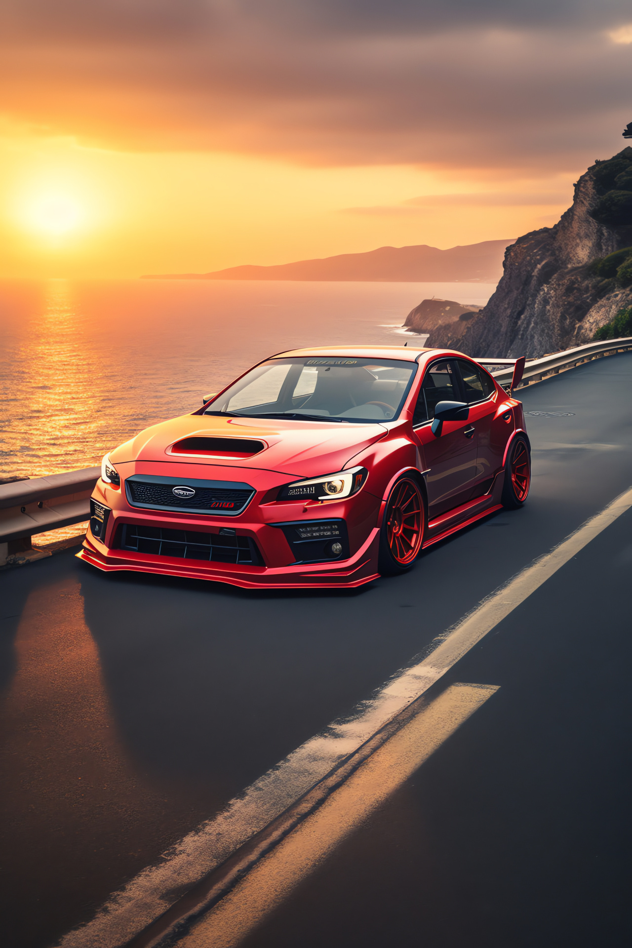 Subaru WRX STI sports, Performance car, Coastal highway, Nautical twilight, Acceleration sensation, HD Phone Wallpaper