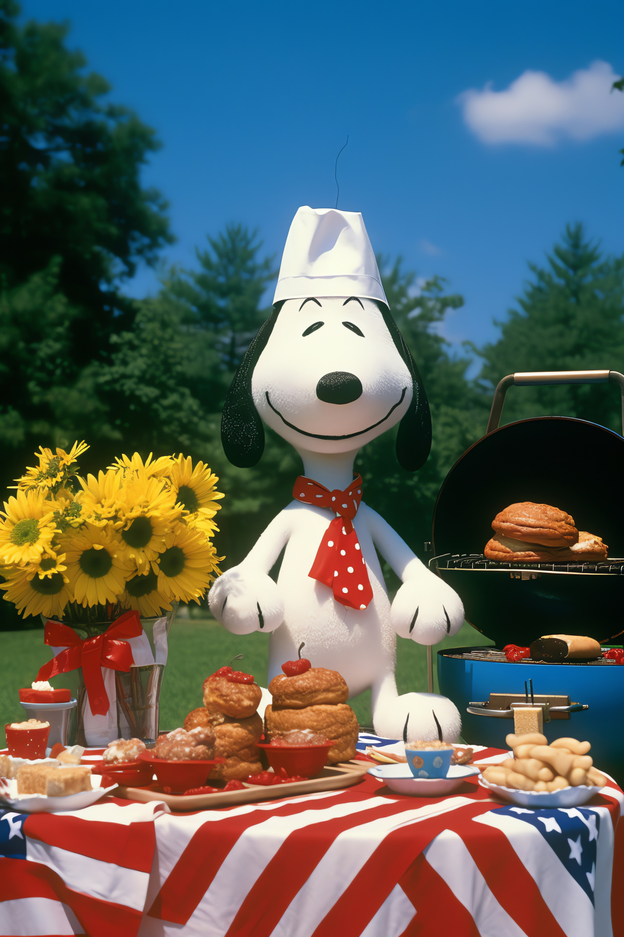 Snoopy summer barbecue, Woodstock July 4th, outdoor grill festivity, American backyard, summer patties, HD Phone Image