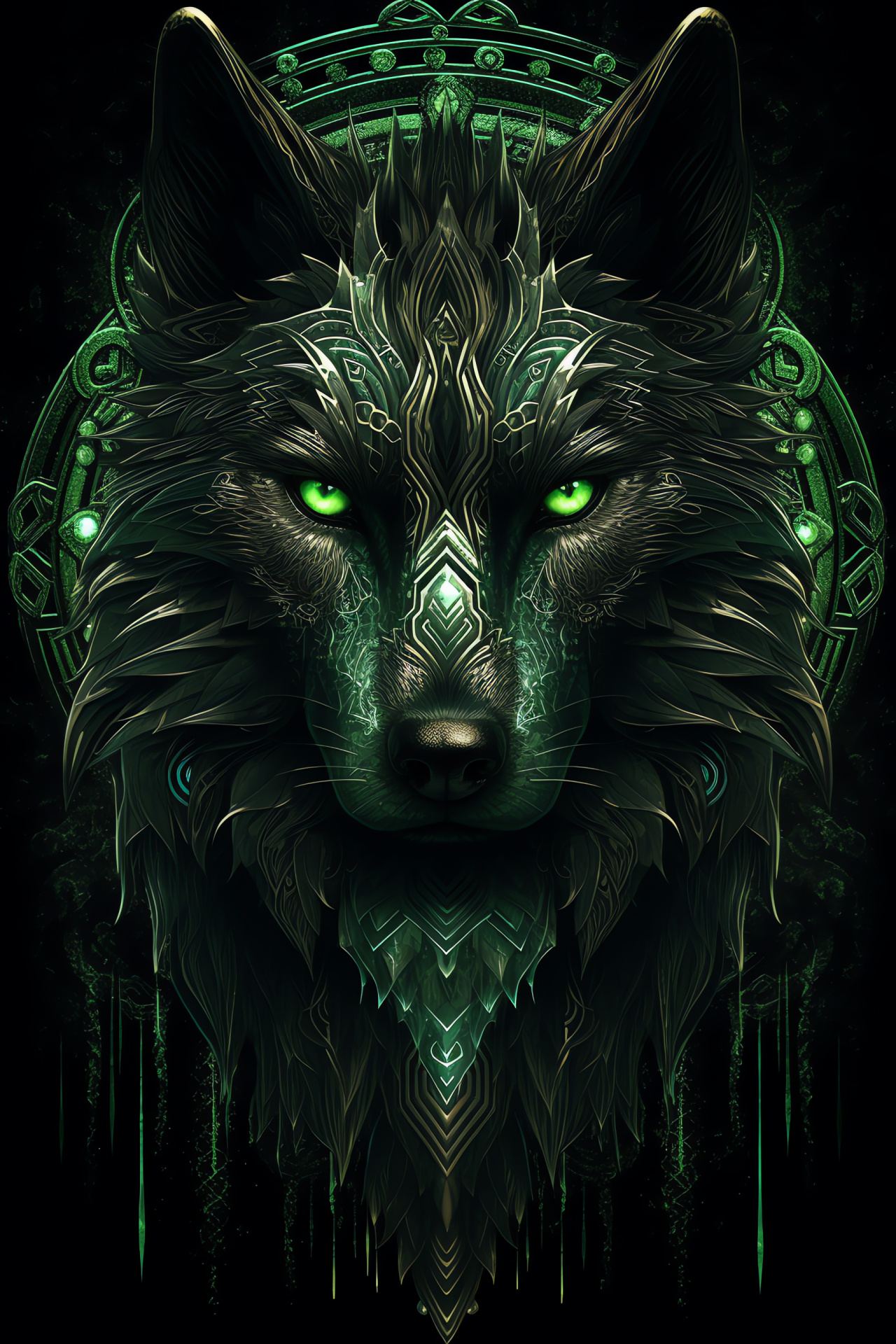 Wolf with green eyes, Black lupine fur, Tribal wolf illustration, Wildlife tribal patterns, Emerald animal details, HD Phone Wallpaper