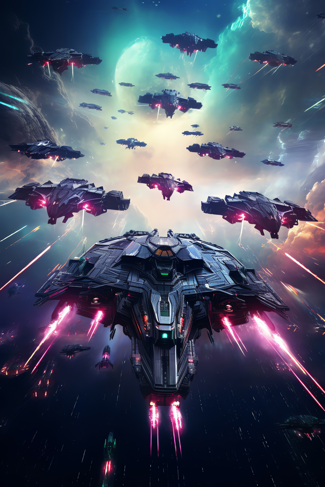 Sci-fi spacecraft, Extraterrestrial battles, Diverse fleet designs, Combat tactics, Galactic showdown, HD Phone Wallpaper