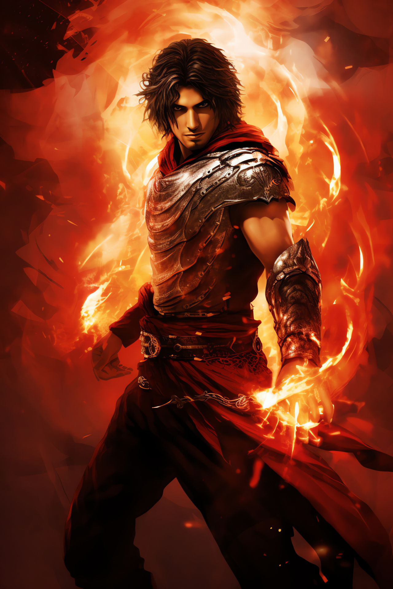 Prince of Persia protagonist, argent gaze, commanding presence, crimson canvas, fiery temper, HD Phone Image