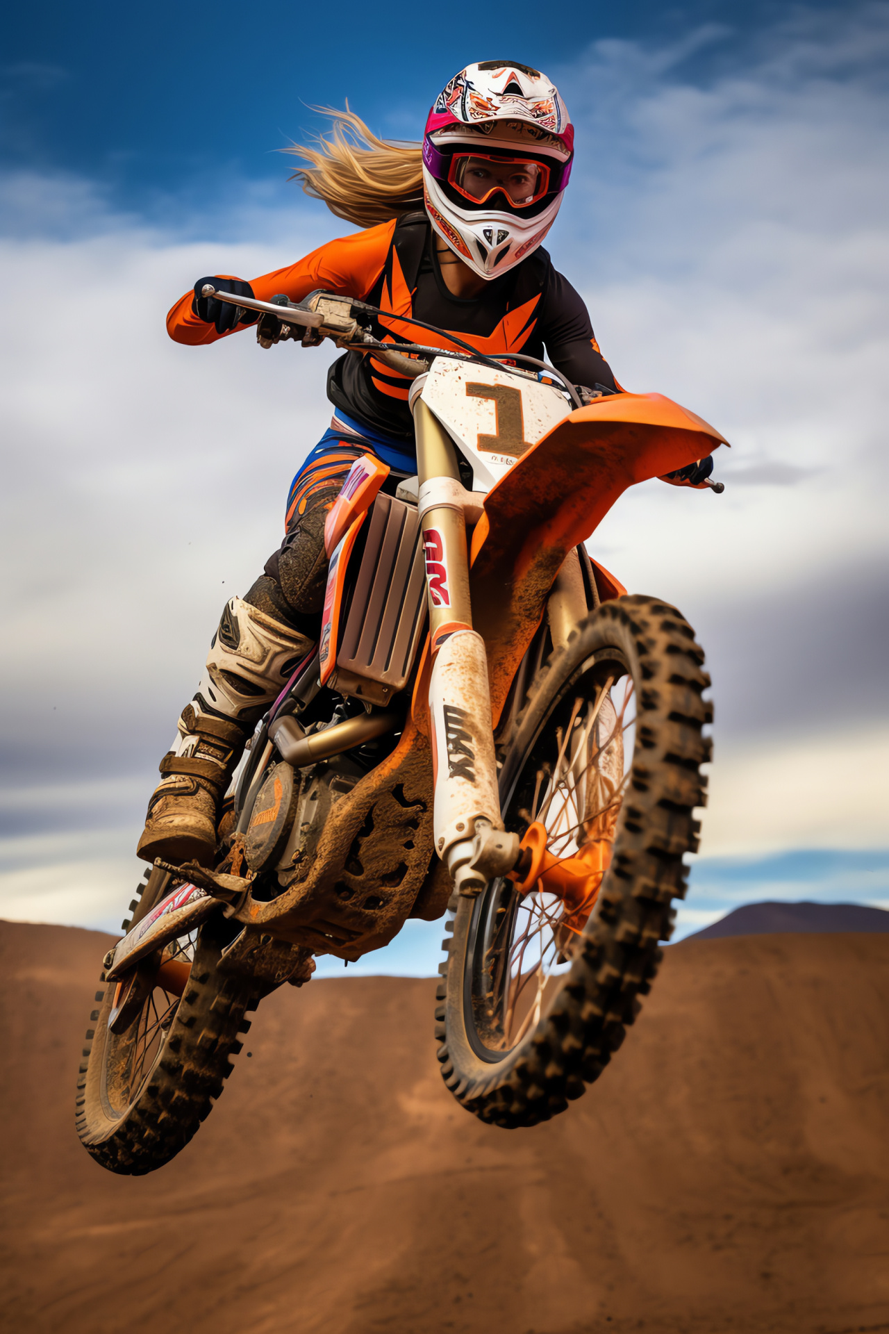 Female moto competitor, Ava and KTM 450 SX-F, Arid backdrop, Aerial desert shot, Vibrant riding attire, HD Phone Image