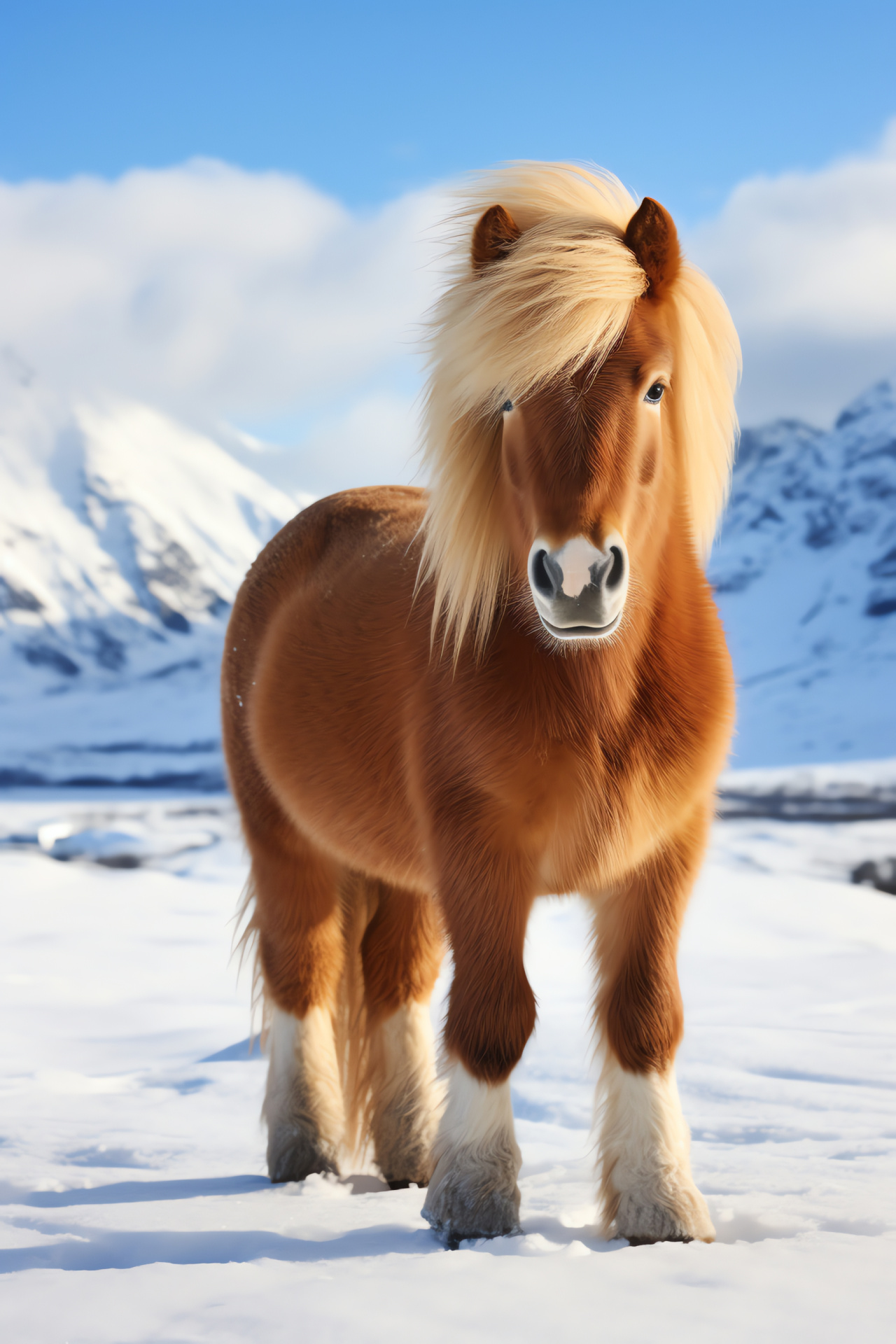 Icelandic pony in winter, chestnut beauty, luxuriant mane, cerulean-eyed, frosty panoramic view, HD Phone Wallpaper