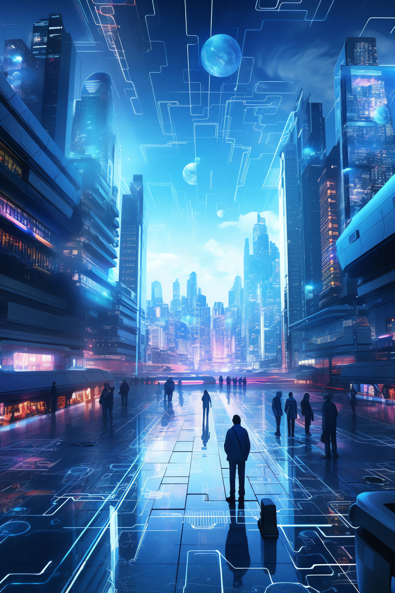 Imaginative urban landscape, Cybernetic hackers, Commanding architecture, Dystopian future city, Networked infrastructure, HD Phone Wallpaper