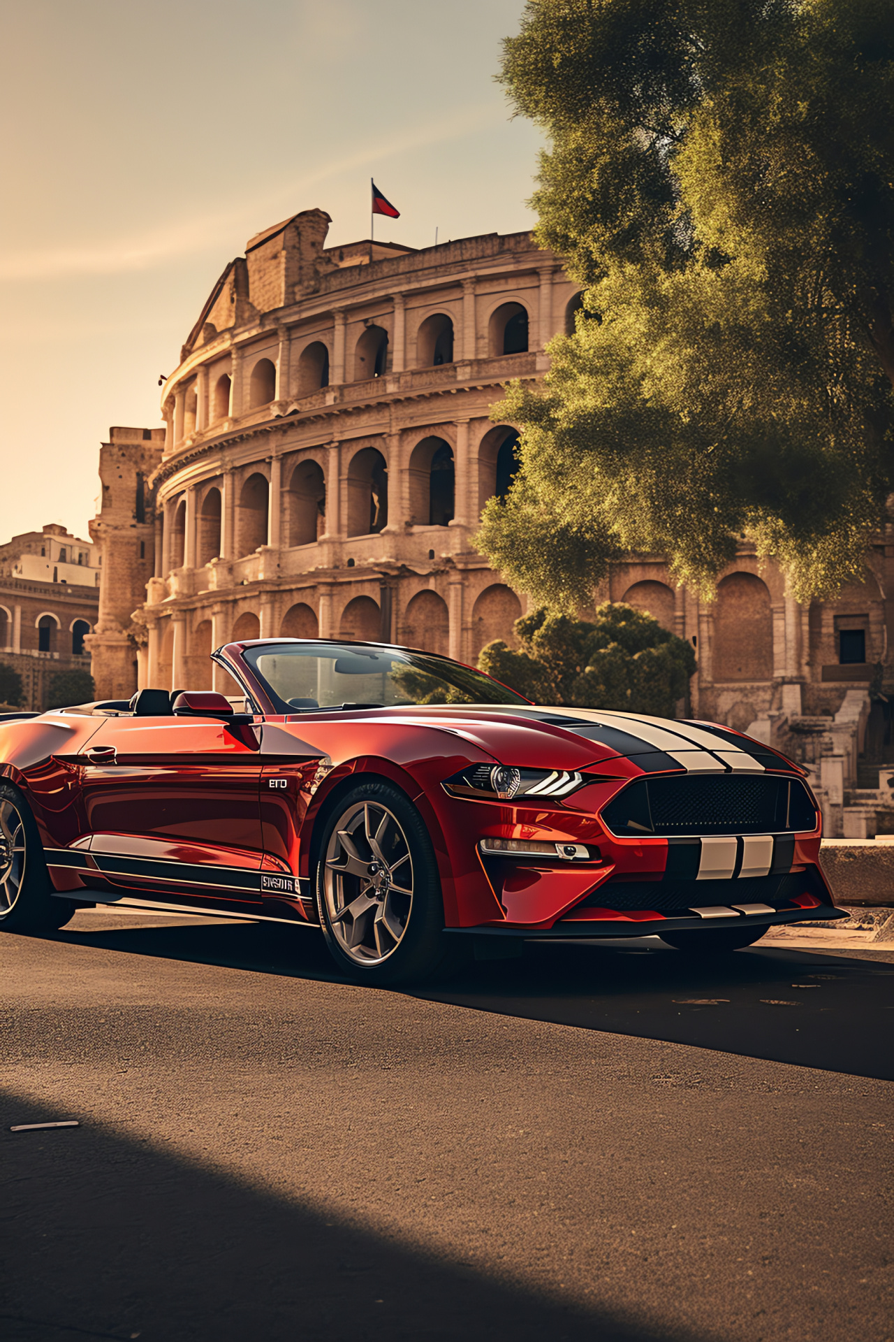 Ford Mustang in Rome, Italian landmark scenery, GT convertible charm, Vibrant street life, European design influence, HD Phone Image