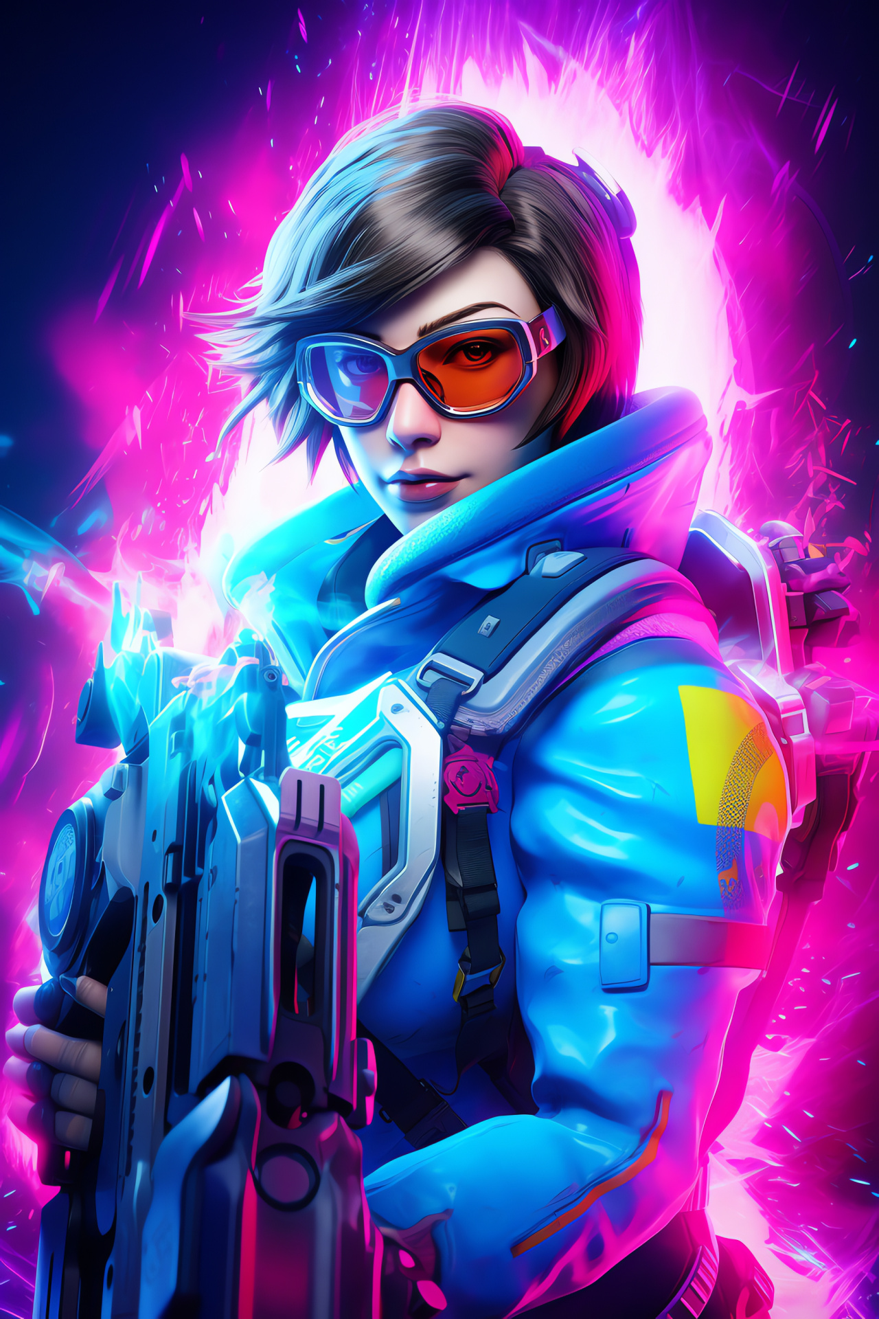 Overwatch Mei character, dynamic gamer artwork, electrifying visual display, artistic contrast, character spotlight, HD Phone Wallpaper