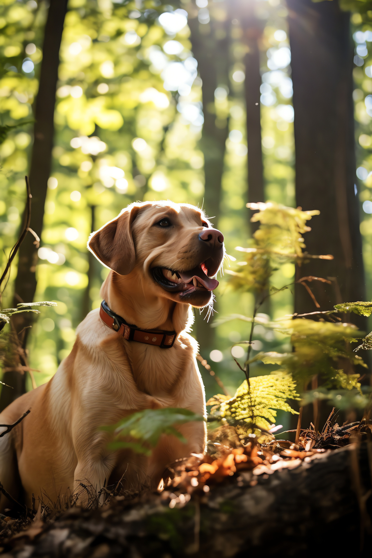 Adventurous Labrador Retriever, bronze domestic companion, dappled woodland, thicket exploration, vast nature vista, HD Phone Wallpaper