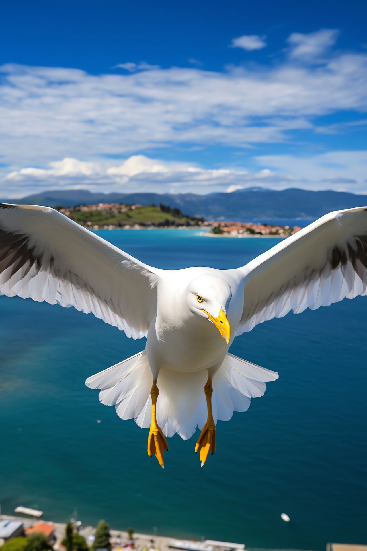 Seagull, Coastal aviator, Marine backdrop, Town overlook, Nautical ambiance, HD Phone Image
