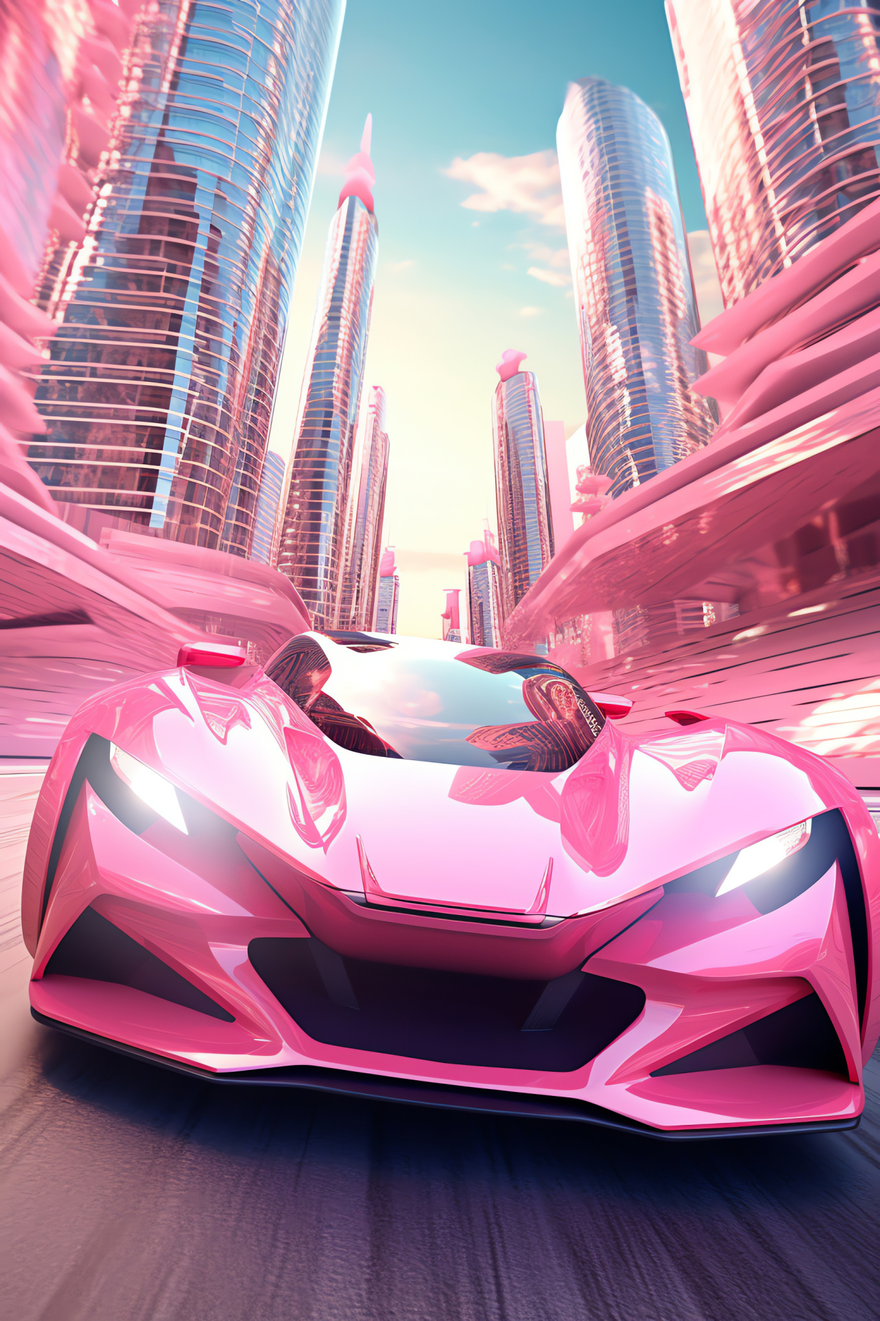 Pink compact cars, Elevated perspective, Modern city structures, Futuristic metropolis, Architectural giants, HD Phone Image