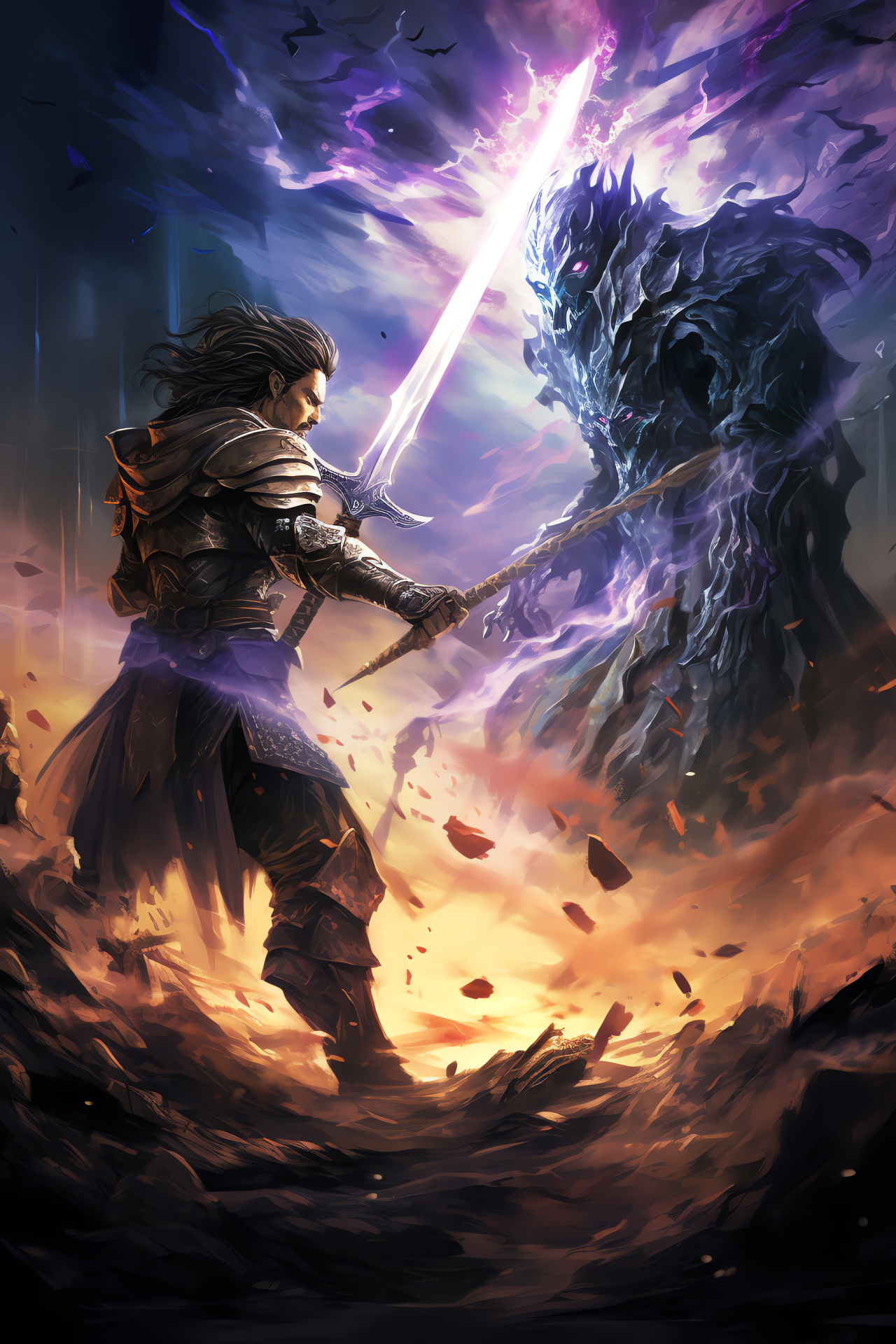 Clash of Soul Calibur legends, Nightmare vs Siegfried, Nocturnal duelling ground, Combat spark, Fabled warriors, HD Phone Image