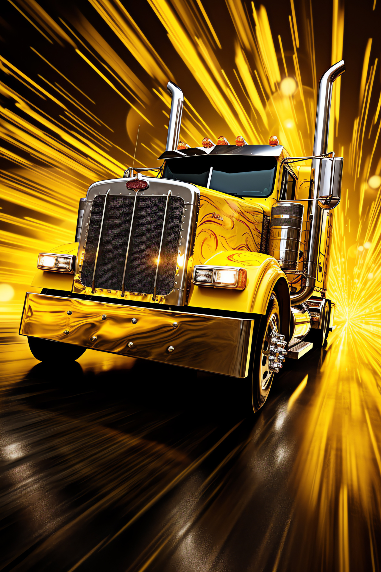 Peterbilt 389 rig, Trucking mastery, Top-down viewpoint, Canary brilliance, Graphic lines, HD Phone Image