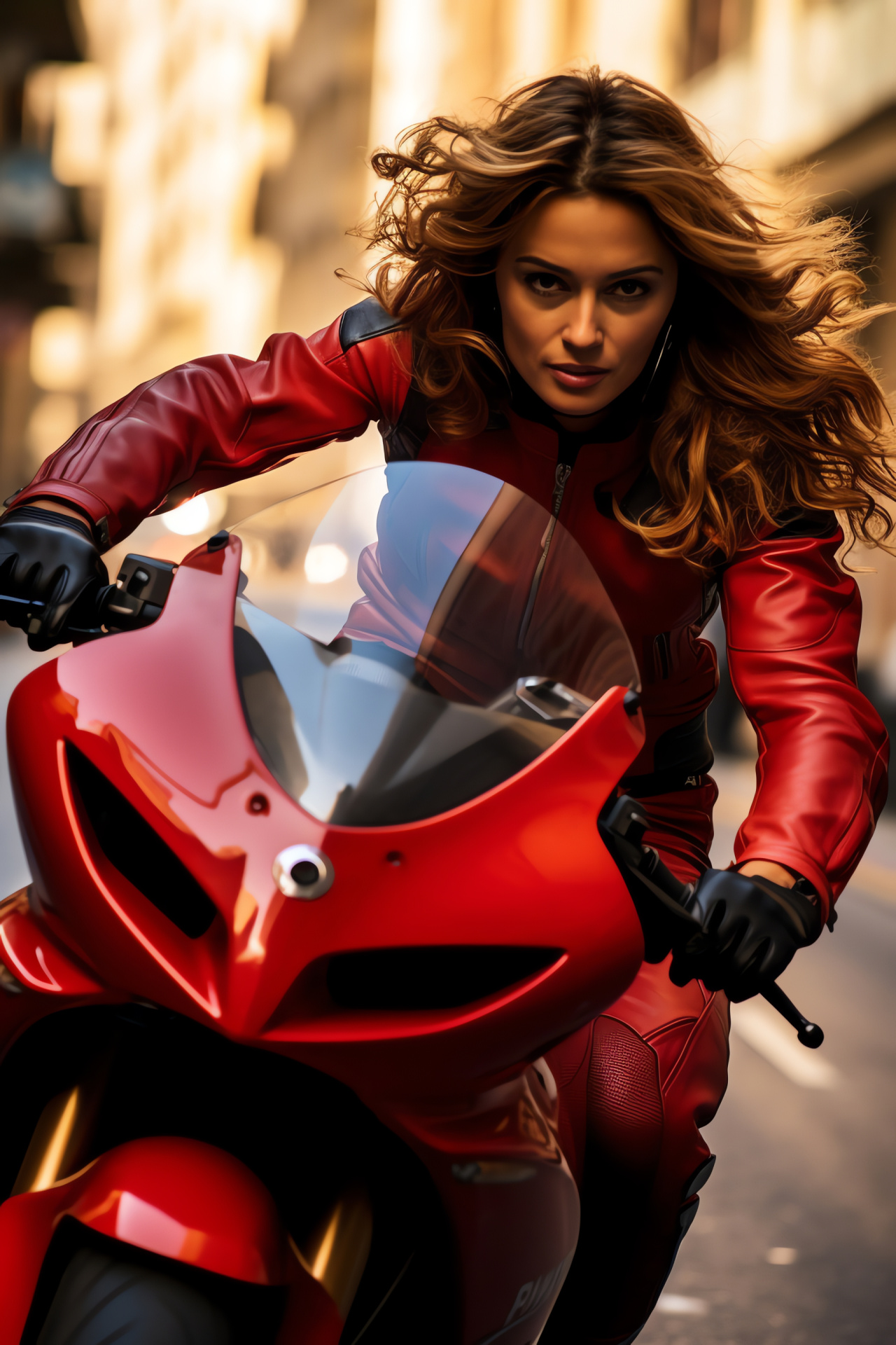 Female motorcyclist, Sportbike action, Vibrant attire, Dynamic riding shot, Curved road, HD Phone Wallpaper