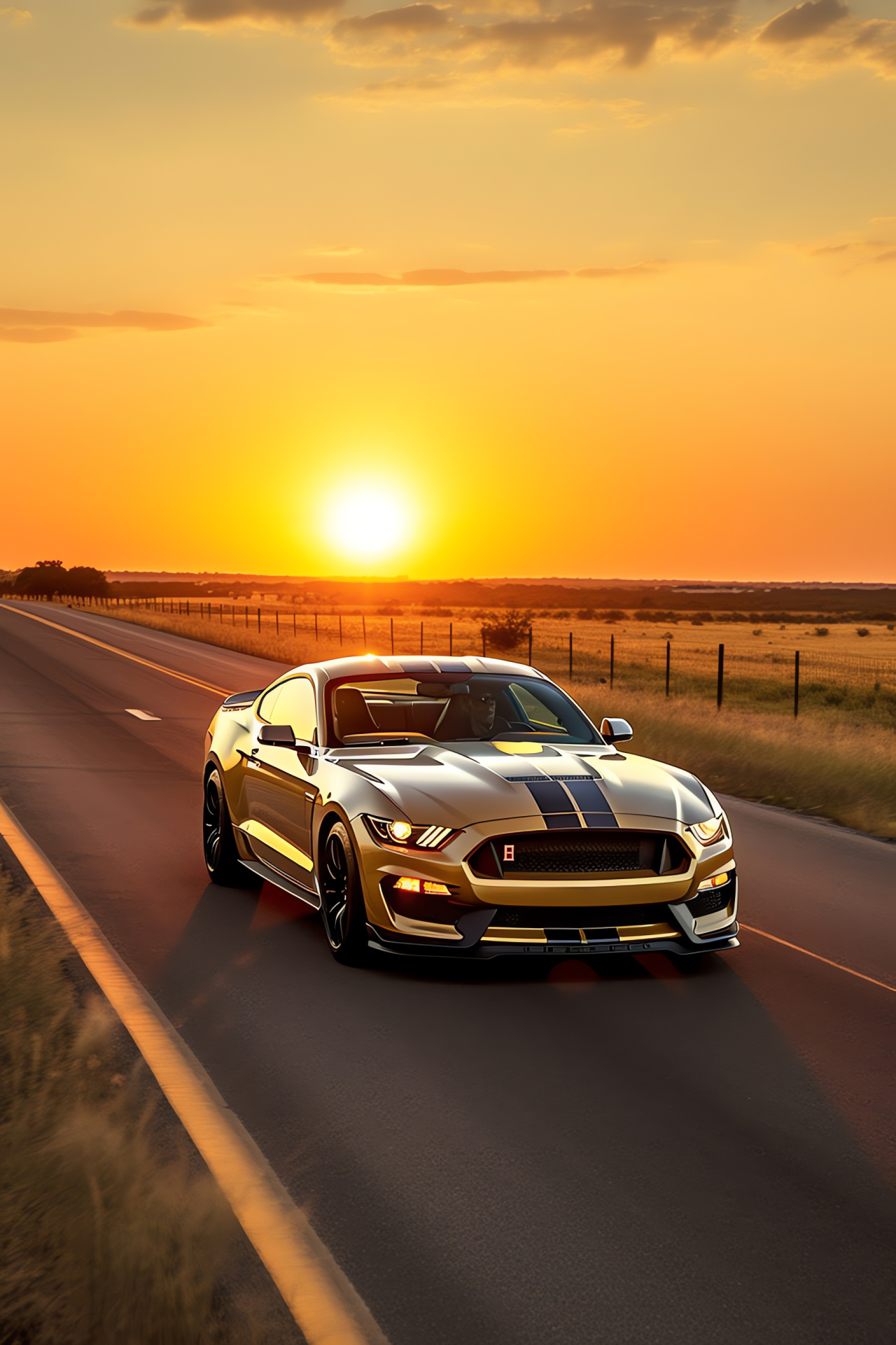 Mustang GT350, Lone Star State cruise, Evening horizon line, Lustrous finish, Scenic drives, HD Phone Image