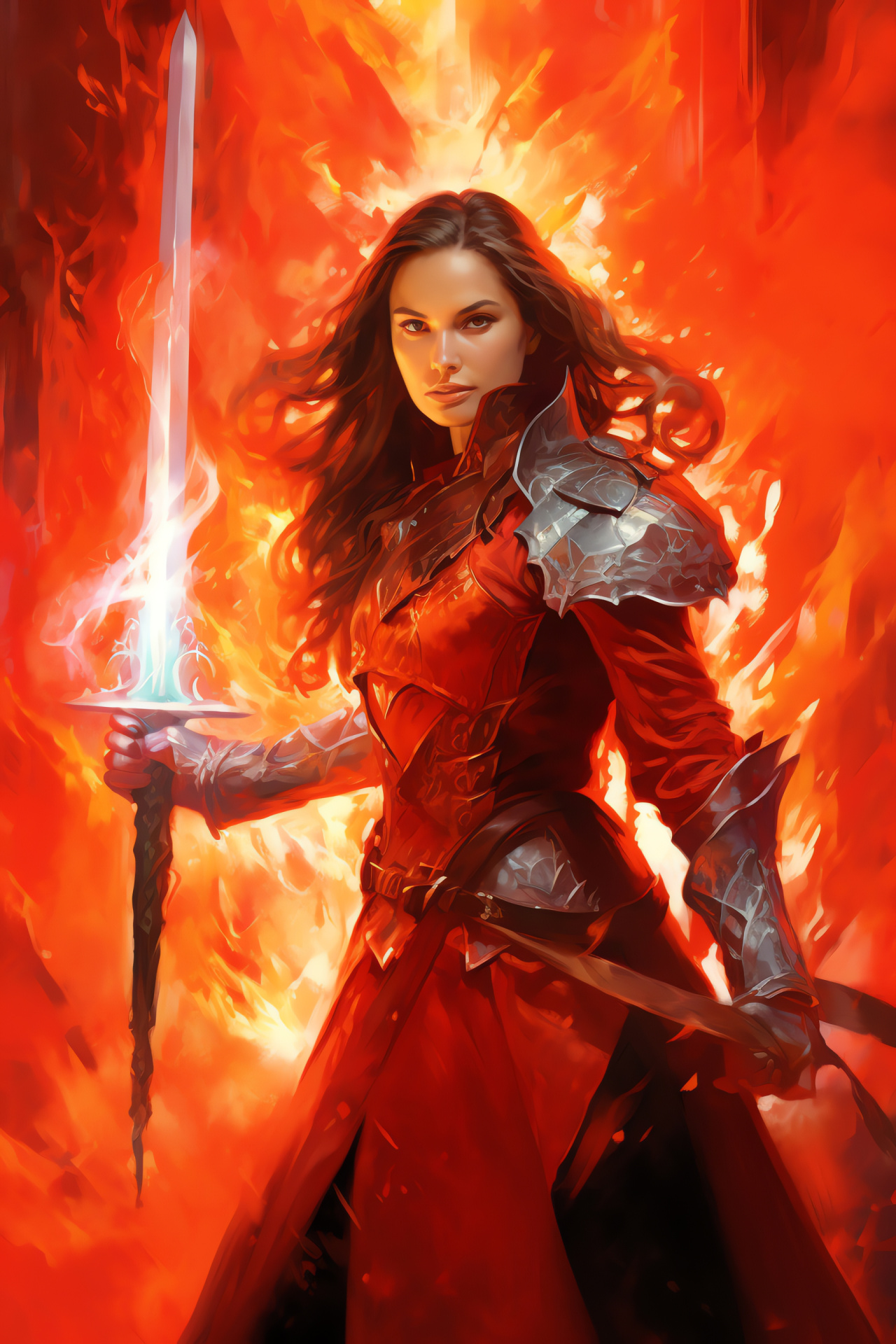 Elspeth Tirel warrior, Snow-white coif, Sapphire eyes, Gleaming sword, Red monochromatic theme, HD Phone Wallpaper