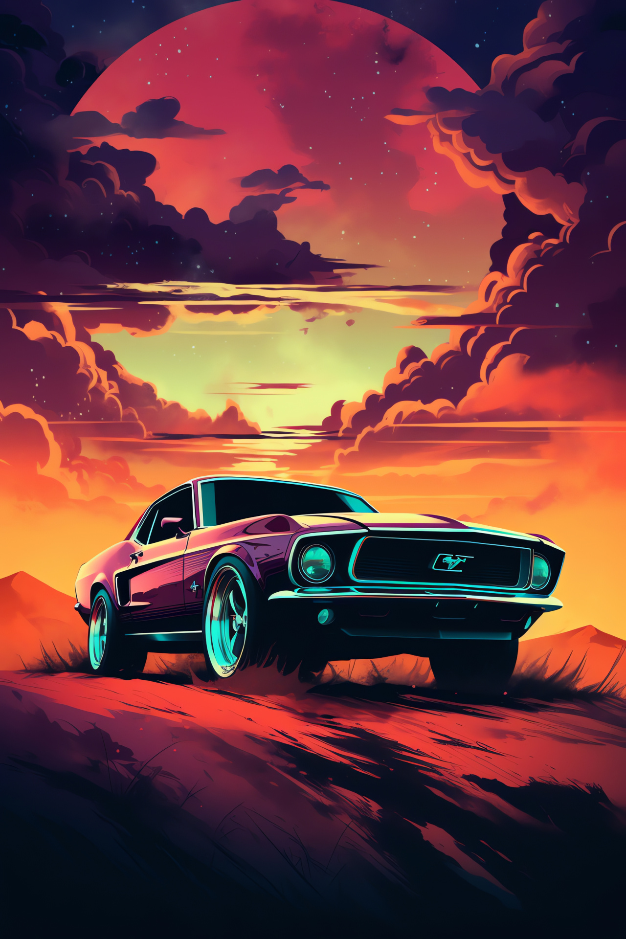 Automotive art, Mustang low angle, Open skies, Car silhouette, Powerful stance, HD Phone Wallpaper