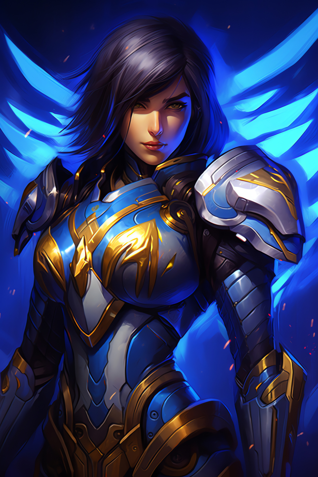Pharah, Overwatch armored knight, Victory wingspread, Detailed portrayal, Grounded stance, HD Phone Image