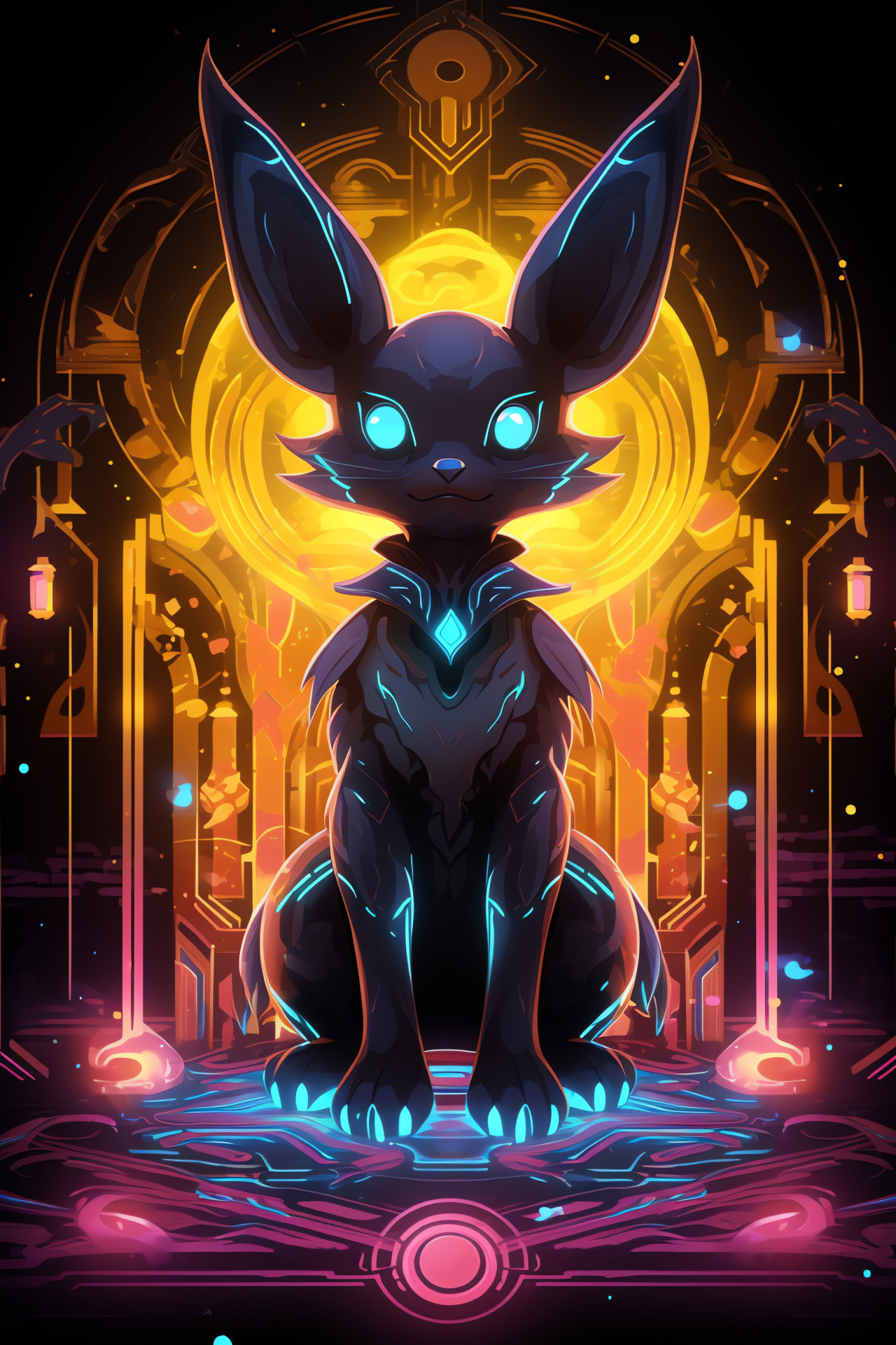 Umbreon, Digital world representation, Alternate reality, Luminous stripes, Angular forms, HD Phone Wallpaper
