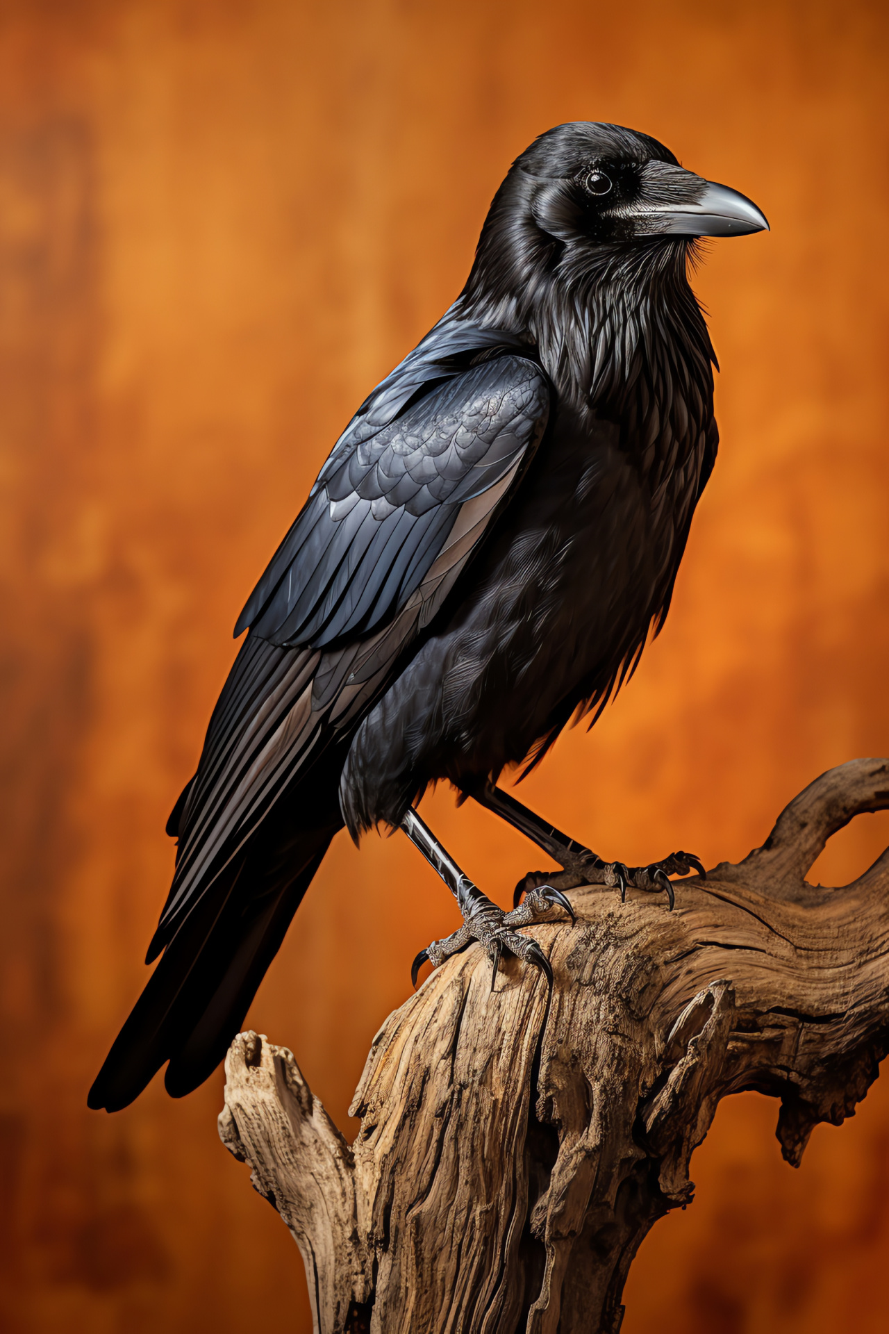 Raven pose, Ebony plumage, Gleaming amber gaze, Monochrome contrast, Weathered perch, HD Phone Image