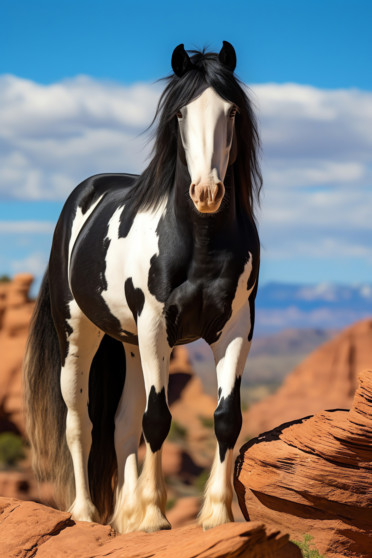 Pinto Wild Mustang, contrasting hide, stony precipice, undulating crest, captivating stare, HD Phone Wallpaper
