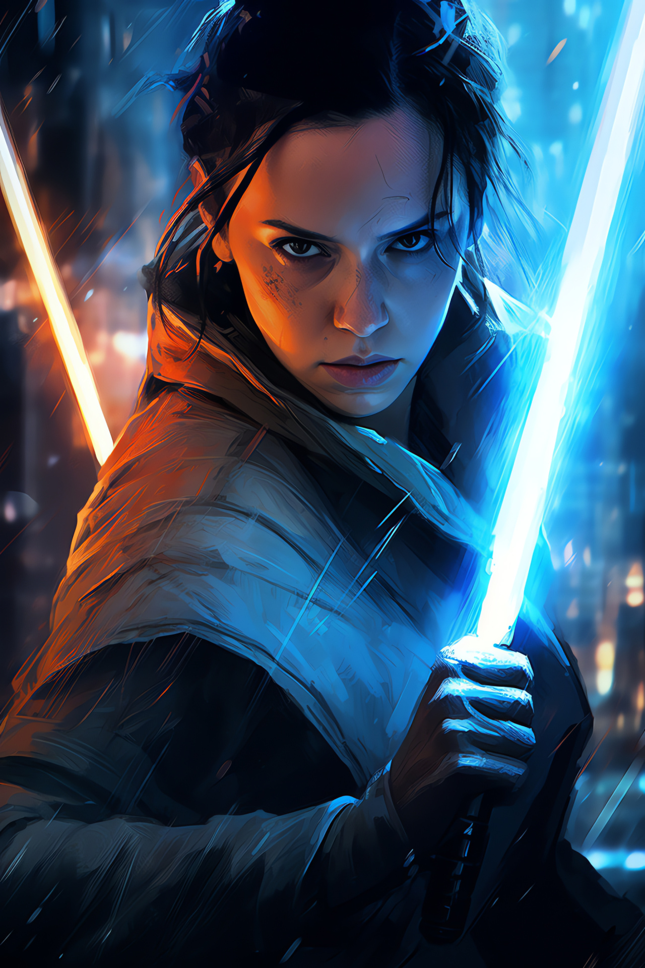 Rey action, Star Wars franchise, Galactic warfare, Intense cinematic experience, Heroic stance, HD Phone Image