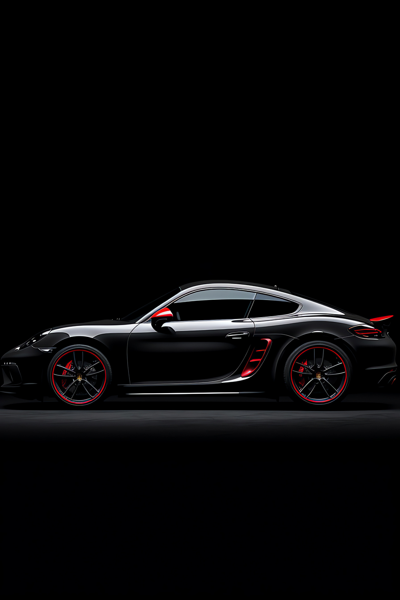 Porsche Cayman 718 model, Side profile depiction, Superb glossy black paint, Luxury sports car, Stylish backdrop, HD Phone Image