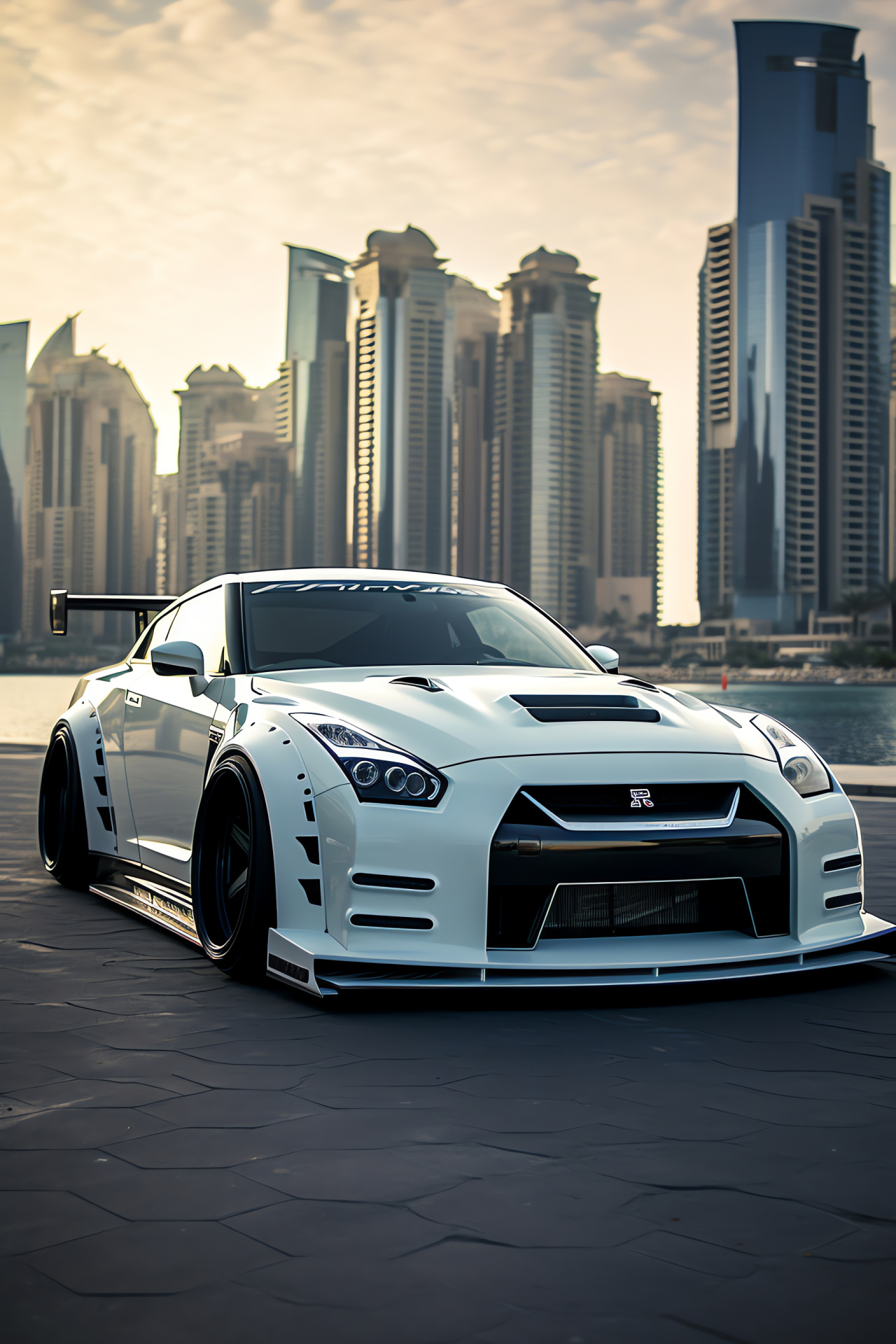 Nissan GTR Liberty Walk, Dubai skyscrapers, Performance body additions, Towering Burj Khalifa, Palatial Palm Jumeirah, HD Phone Image