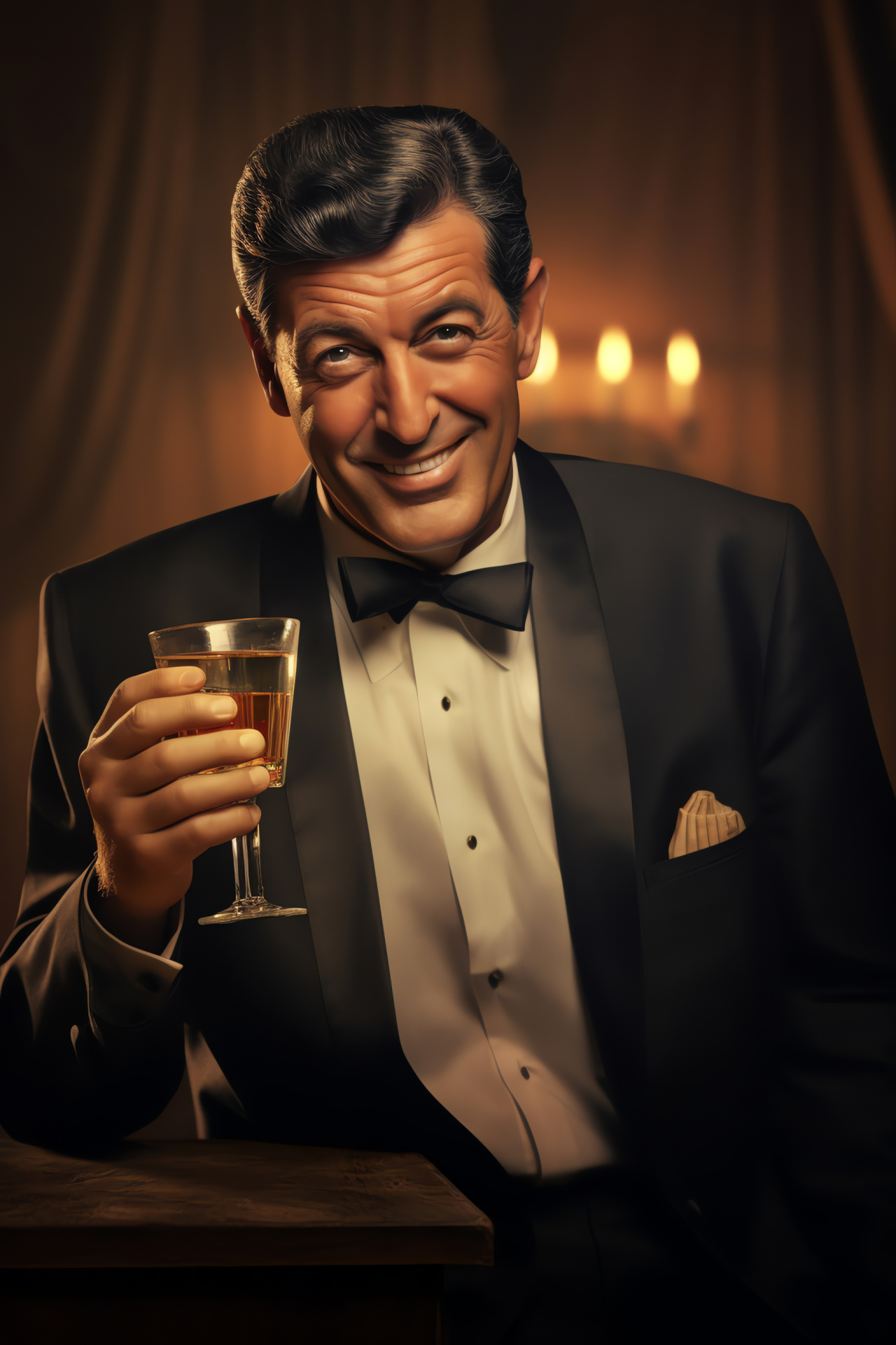 Dean Martin of Rat Pack, Charismatic entertainer, Whimsical expression, Gleaming ocular feature, Sophisticated prop, HD Phone Image