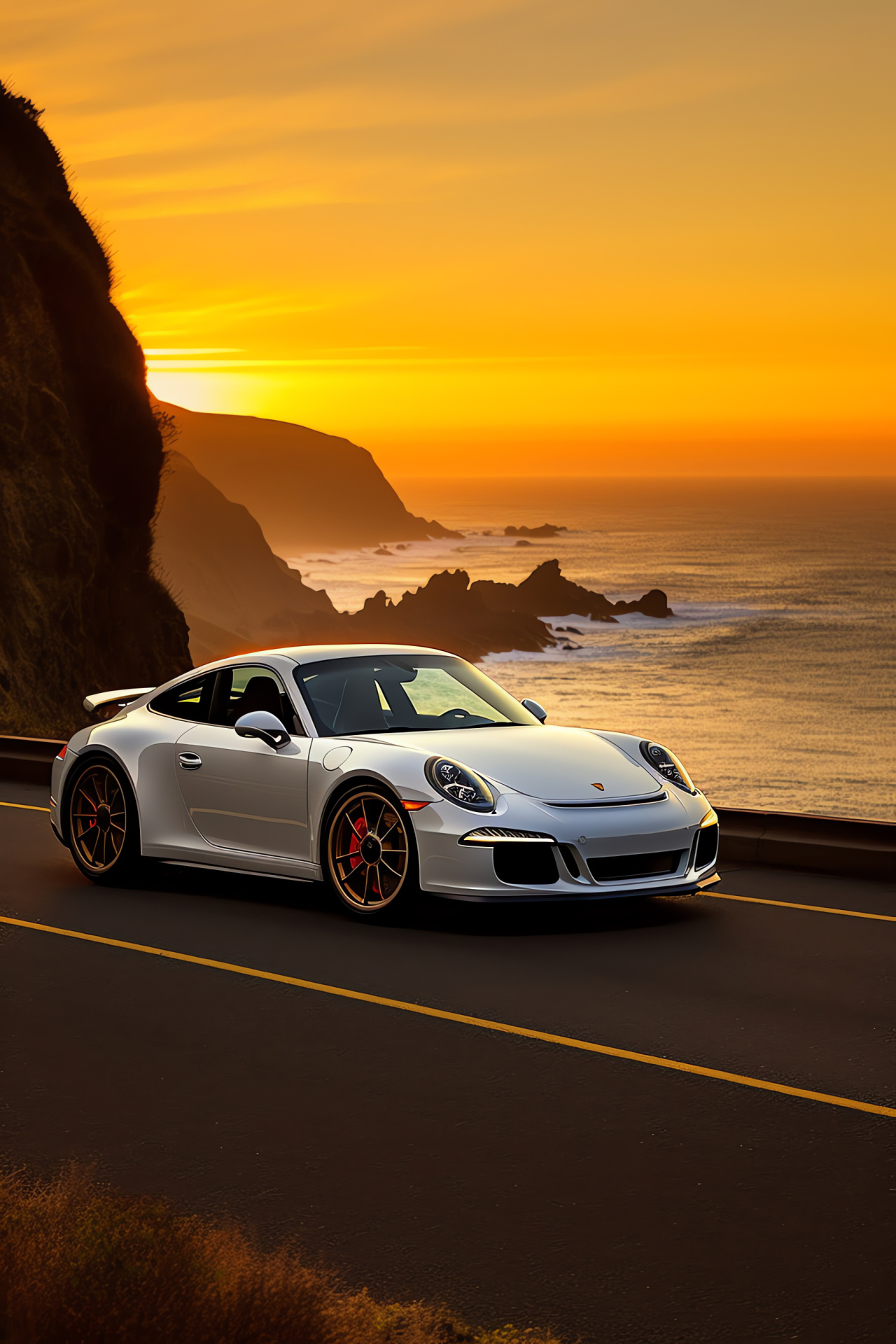 Porsche GT3 Touring, California roadway, Coastal driving scene, Cliffside ocean backdrop, Legendary drive, HD Phone Wallpaper