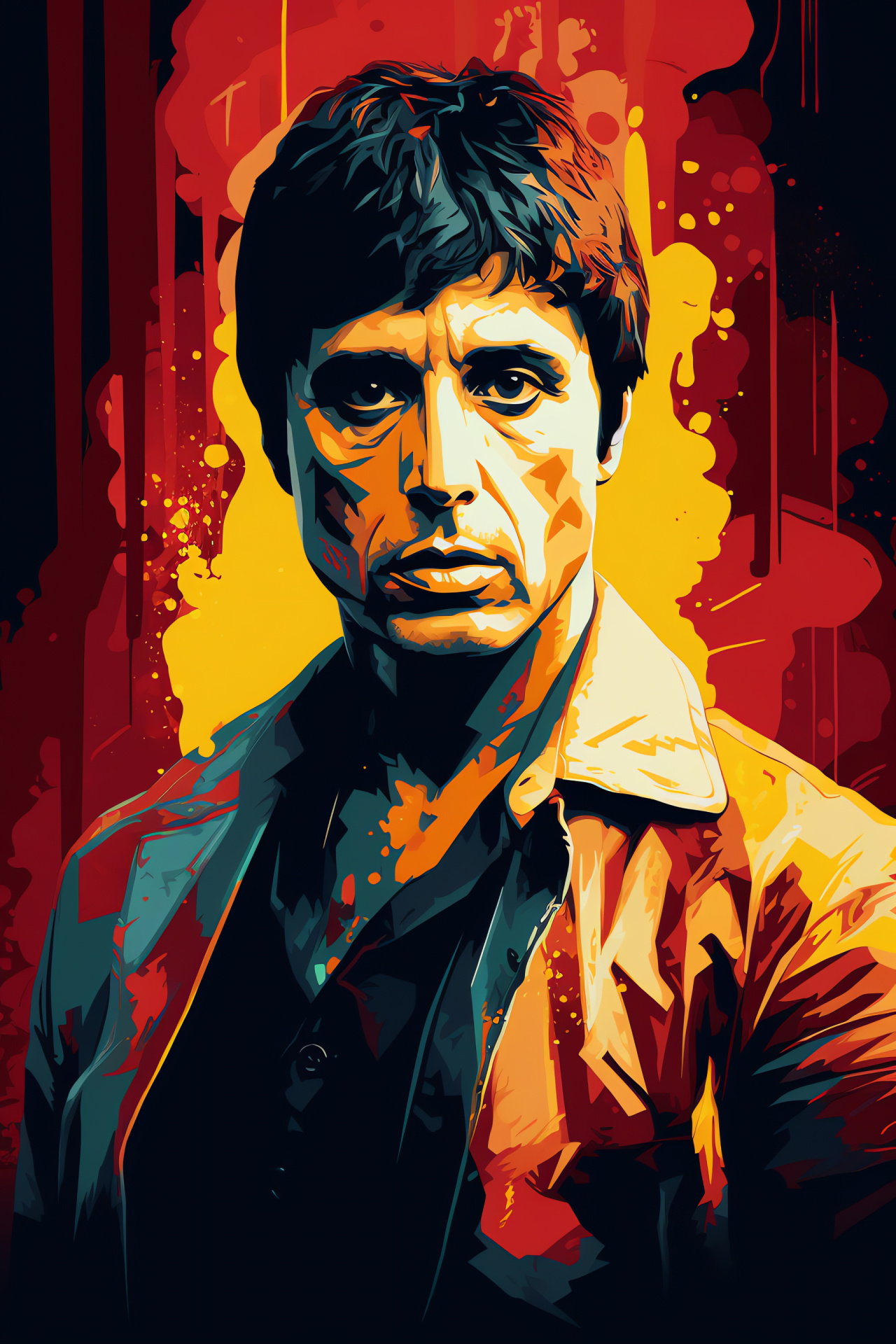 Gangster Scarface rendition, persona Tony Montana, graphical mural, mesmerizing triple-hue effect, penetrating azure gaze, HD Phone Image