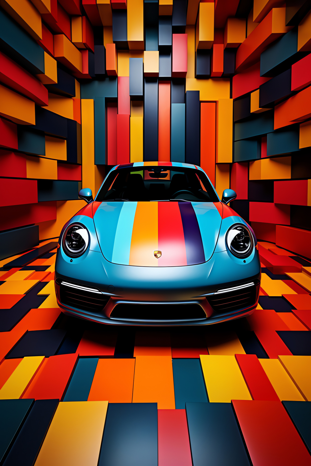 Porsche 911 perspective, Geometric artistic backdrop, View from above, Complex shapes, Multicolored design, HD Phone Image