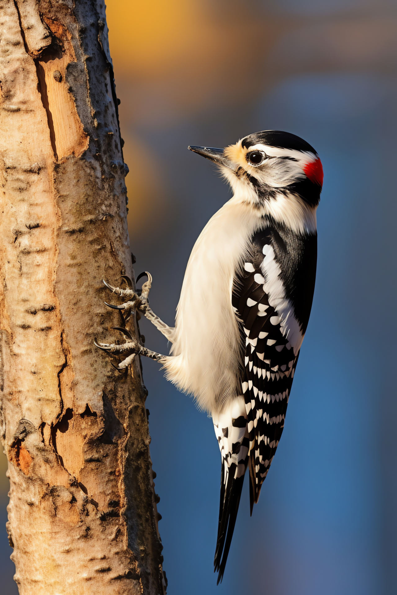 Picoides pubescens species, avian contrasting spot pattern, petite avian beak, deciduous tree perch, lit glade, HD Phone Wallpaper