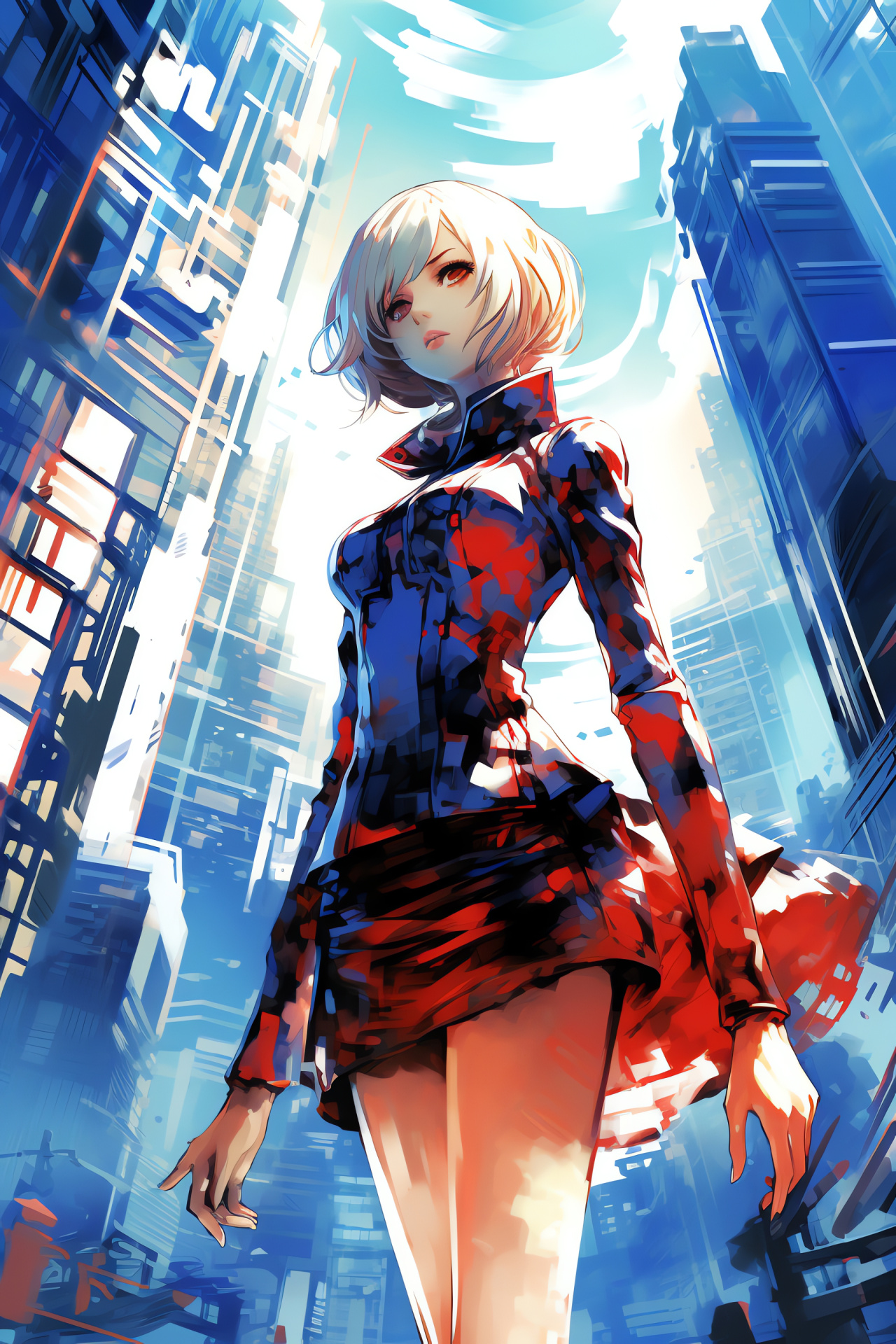 Persona 3 Aigis, Urban futuristic setting, Skyscraper skyline, Neon urban lights, Holographic ads display, HD Phone Image
