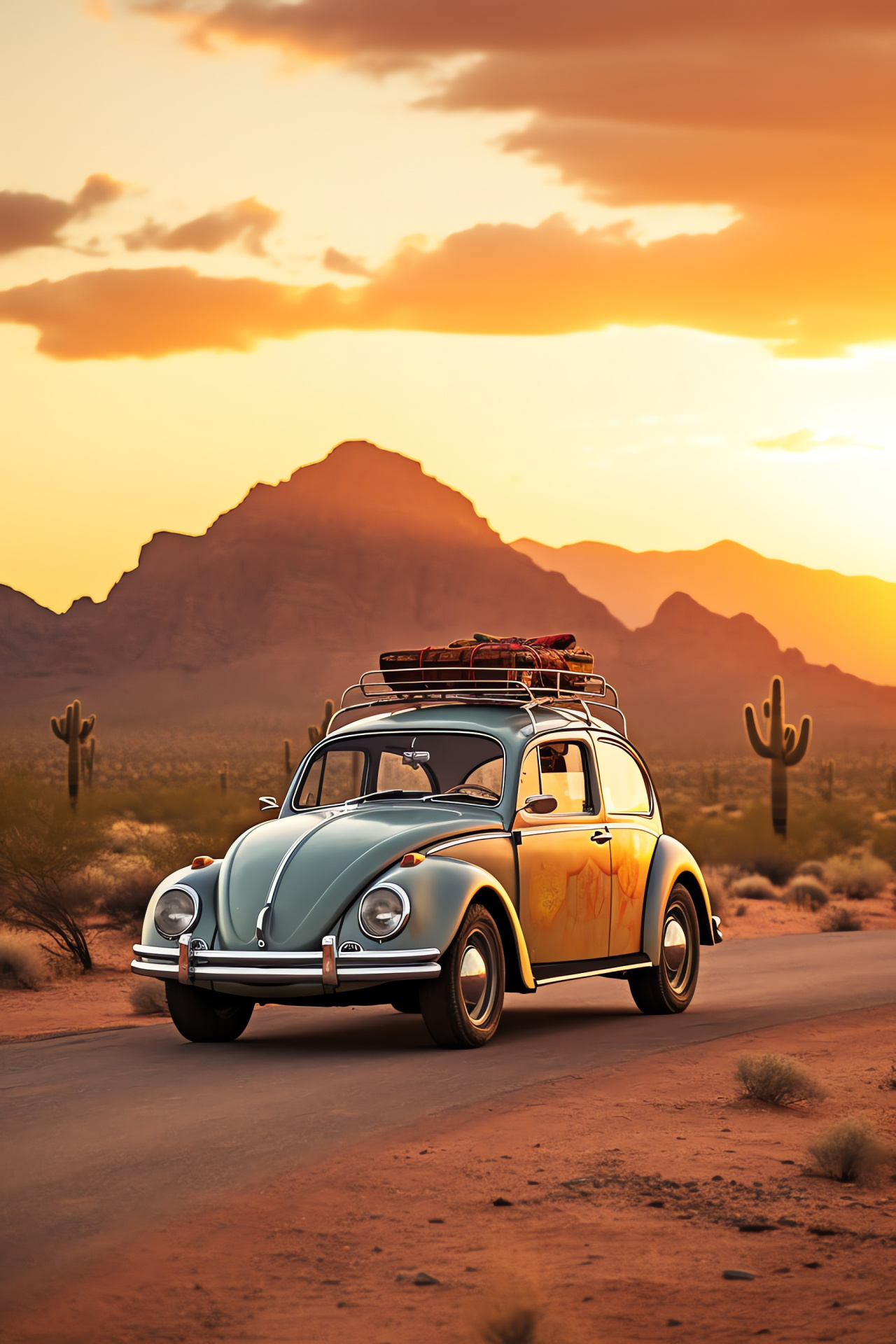 Volkswagen Beetle Americana, Arizona desert travel, Classic Beetle surf lifestyle, Dusty American roads, Sunset VW journey, HD Phone Image