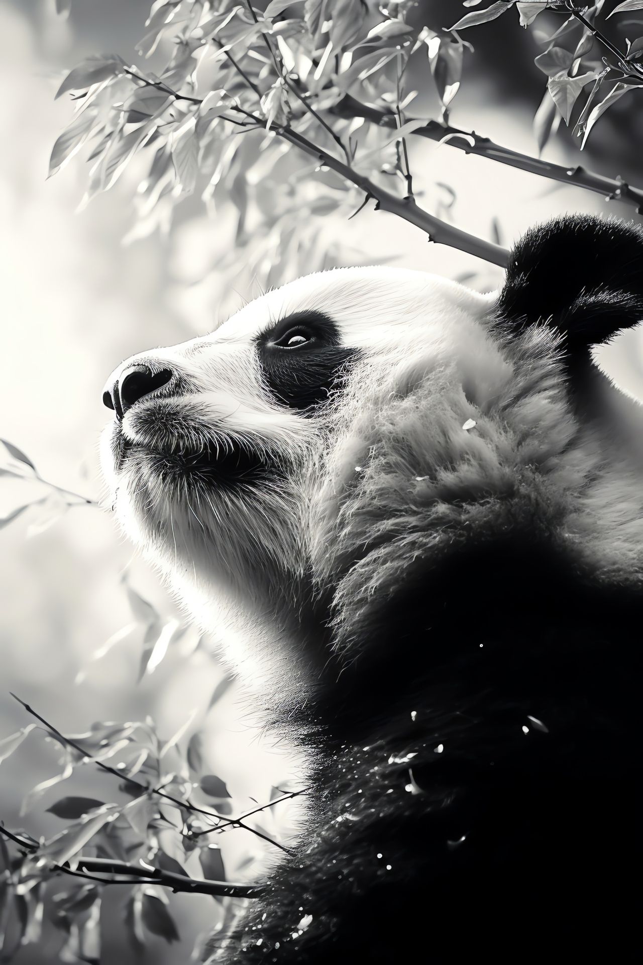 Panda, Ancient ursid look, Long fur feature, Bamboo plant elements, Traditional Chinese habitat, HD Phone Image