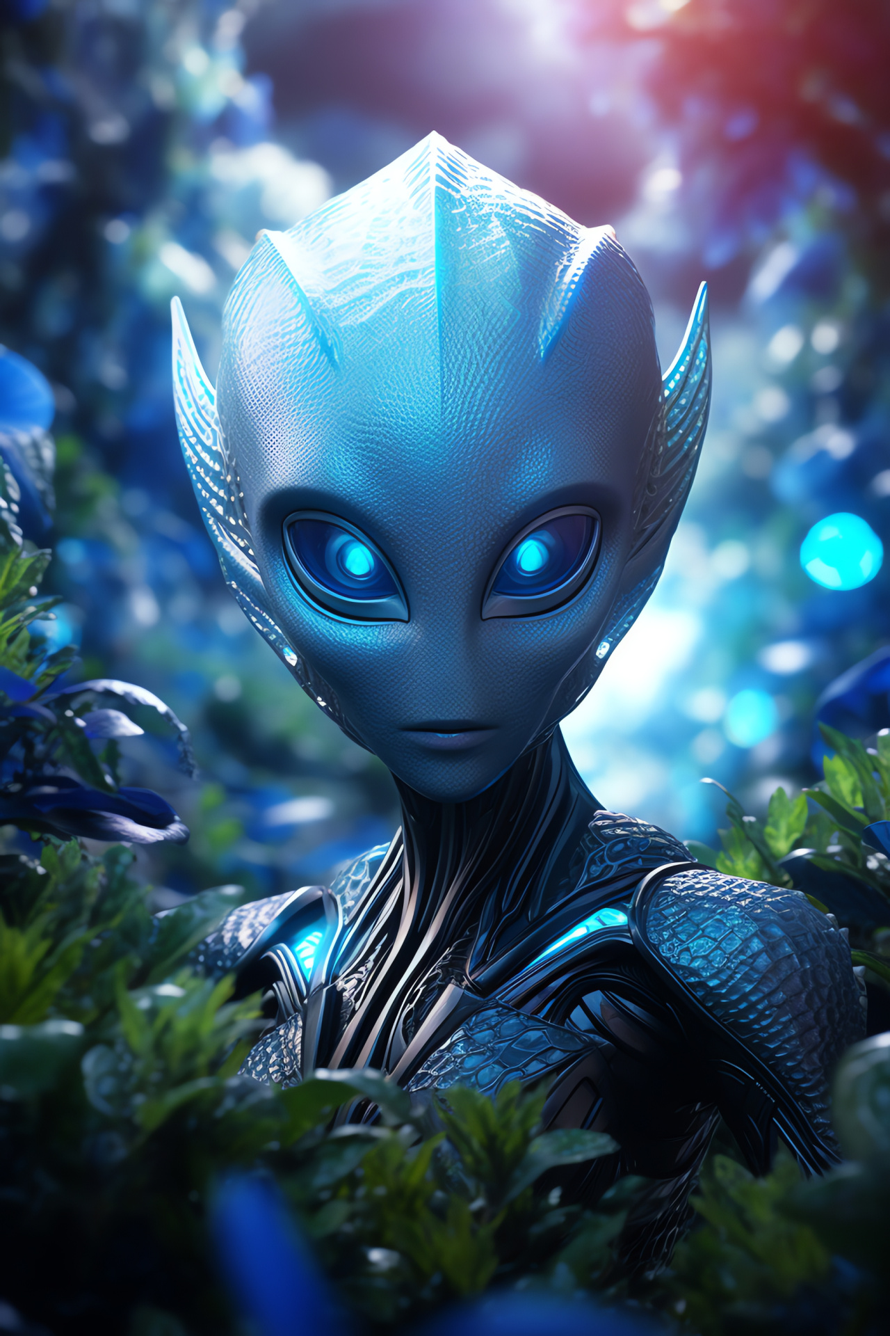 Extraterrestrial being, shimmering alien scales, neon blue extraterrestrial eyes, otherworldly inhabitant, HD Phone Image