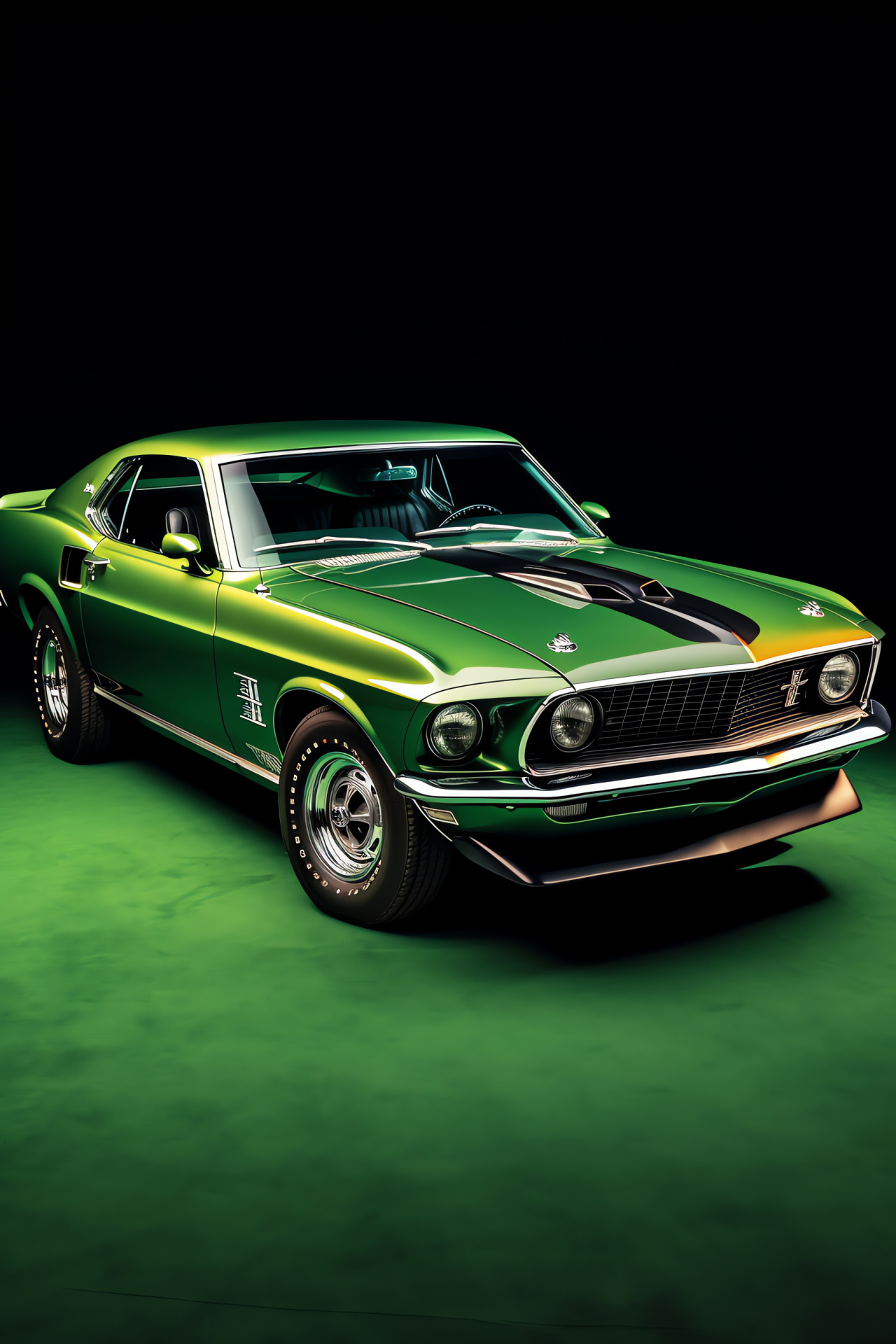 Vintage green Mustang, Aerial view classic, Retro Mustang appeal, Timeless auto design, High-angle Mustang nostalgia, HD Phone Wallpaper