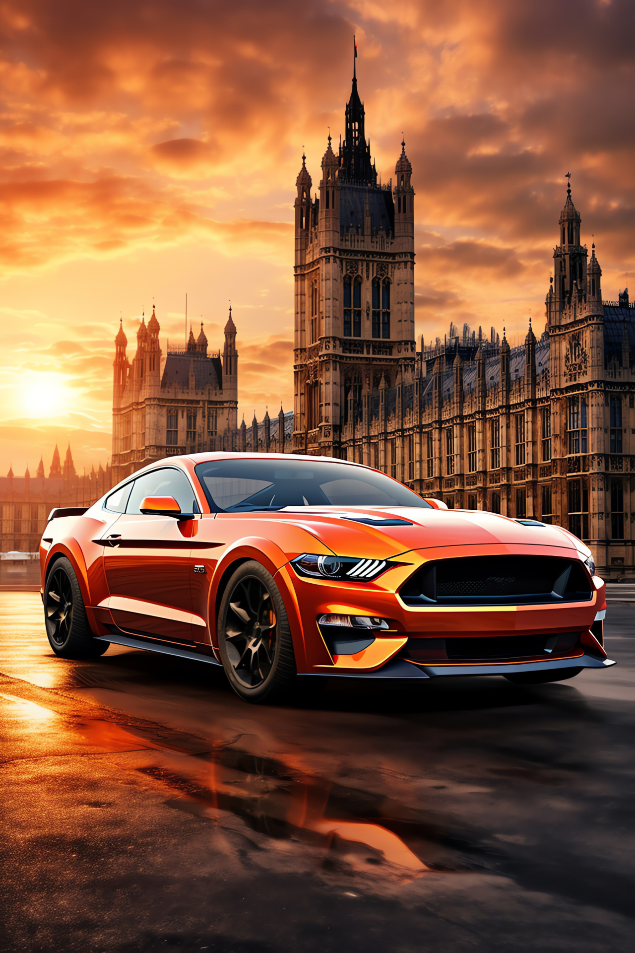 Ford Mustang, London streets, Iconic clock tower, Suspension bridge, British architecture, HD Phone Wallpaper