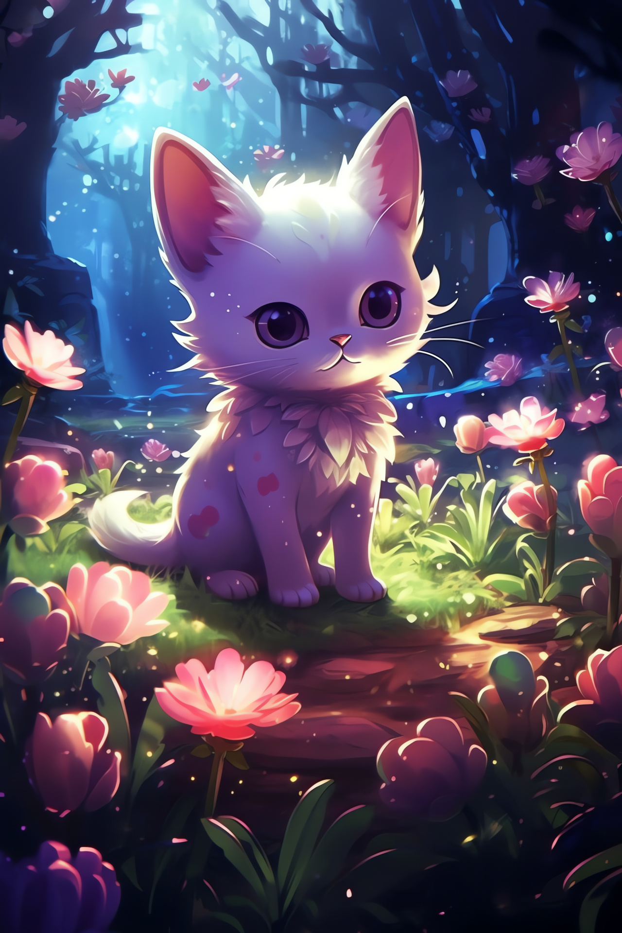Mythical Mew, vibrant flora, Pokmon Mystery, serene botanicals, hidden paradise, HD Phone Image